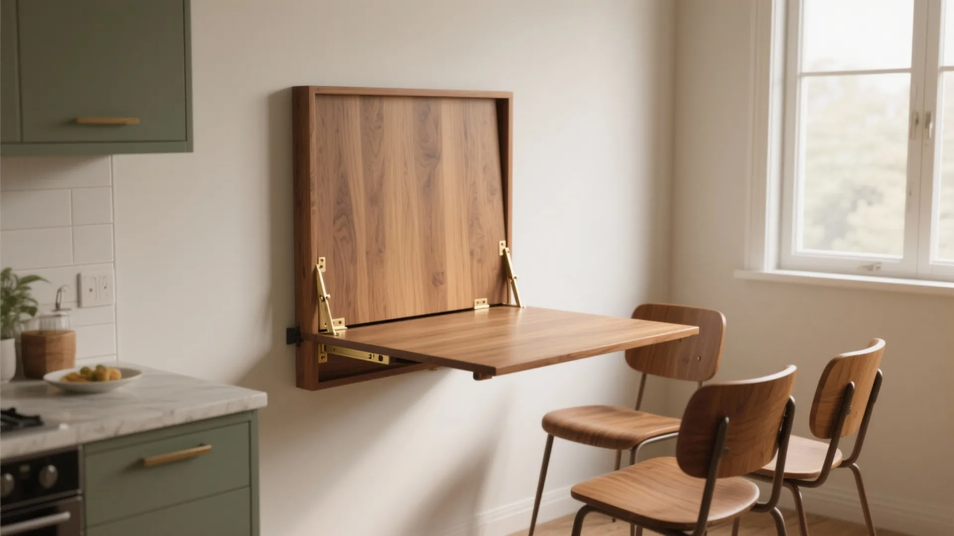 Wall mounted wooden folding table in a kitchen with two wooden chairs and a window