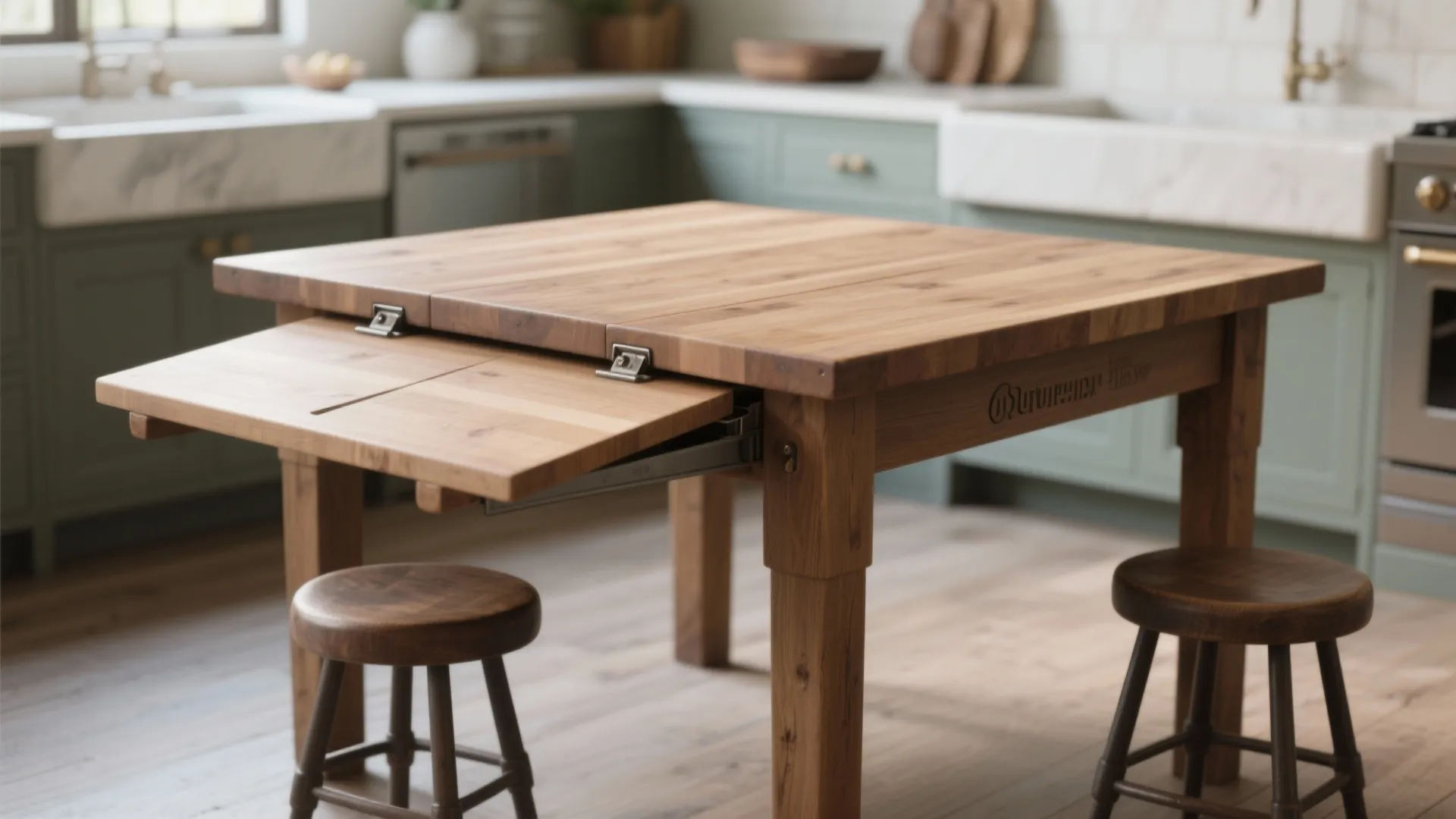 Wooden kitchen table with extended side panel and two small wood stools in bright room