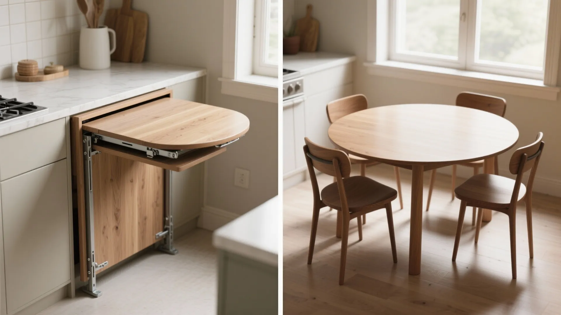 Before and after comparison of a pull out kitchen table and a wooden dining set
