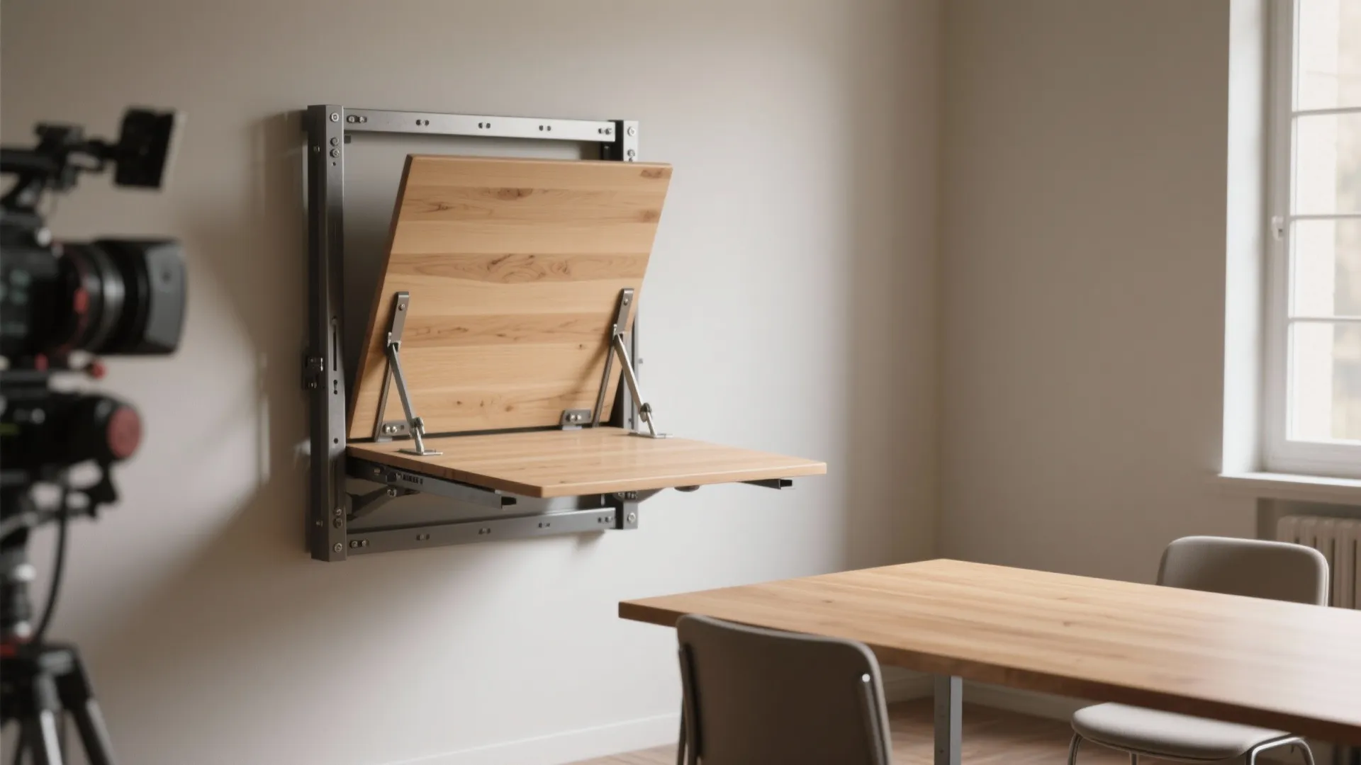 Wall mounted wooden folding table shown with metal frame and hinges in a bright room