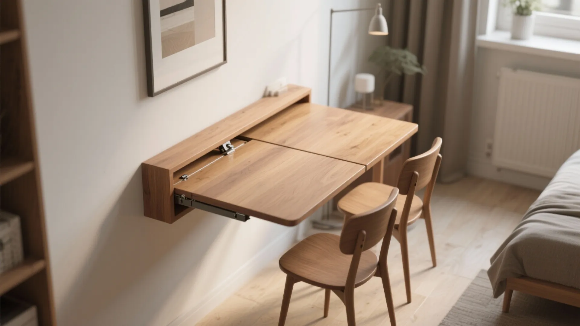 Wall mounted wooden folding table shown in minimalist room with two matching wooden simple chairs