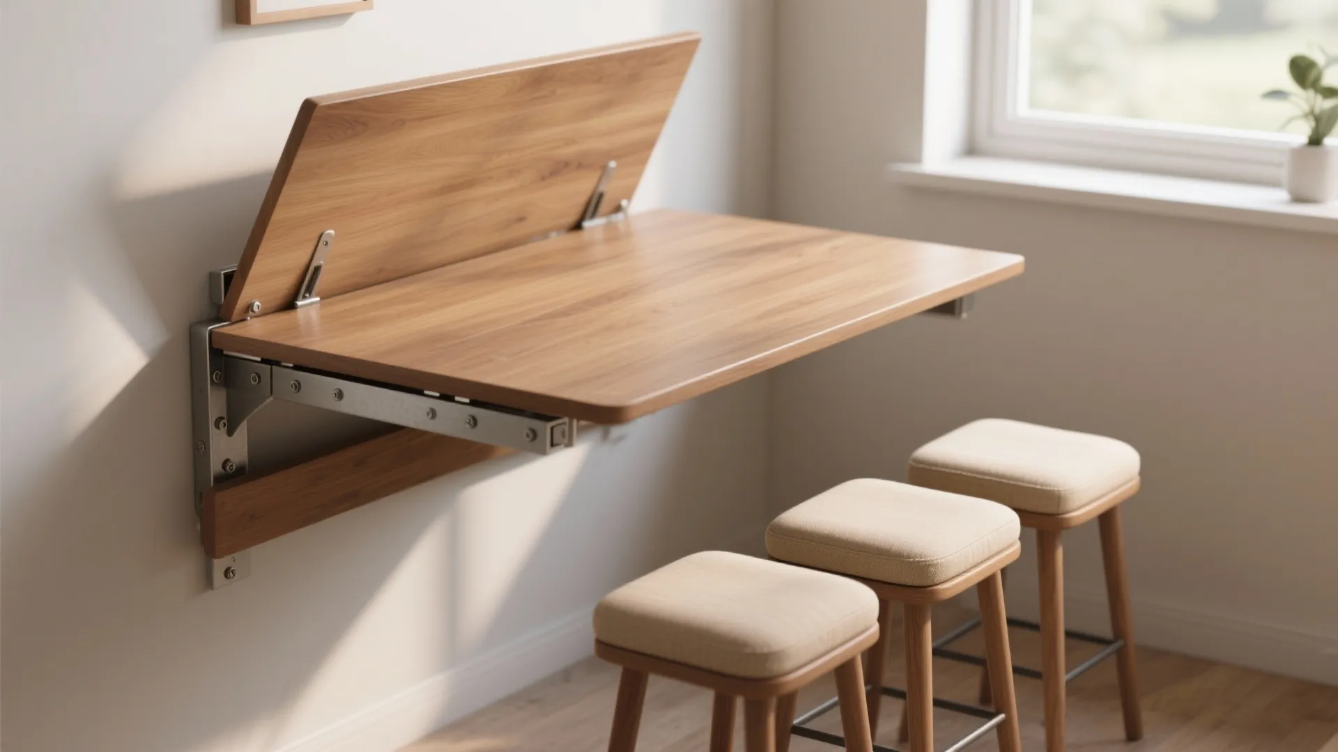 Space saving wall mounted folding wooden table with three matching stools in a bright room