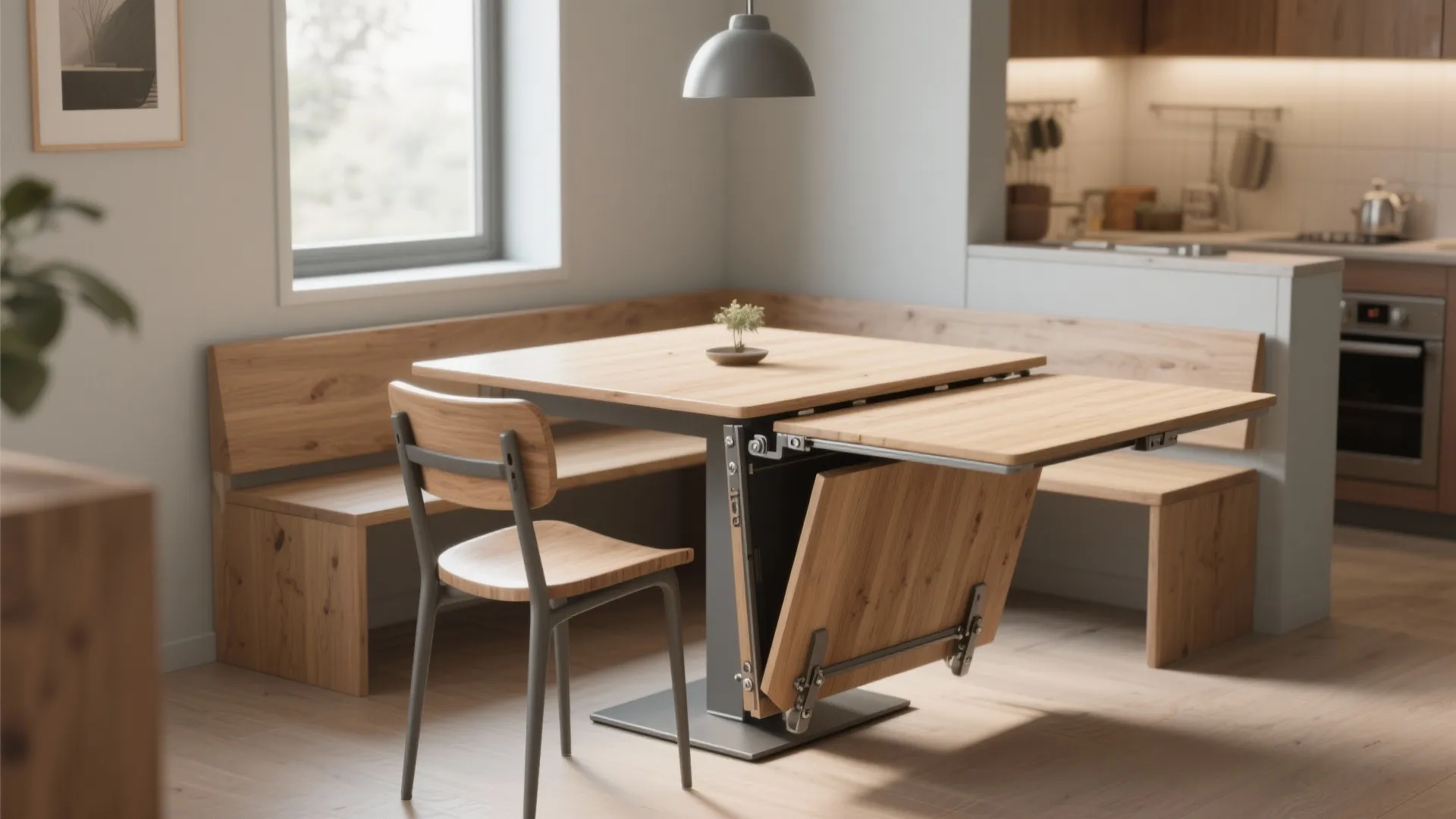 Modern dining area with wooden table being extended next to a corner bench and kitchen