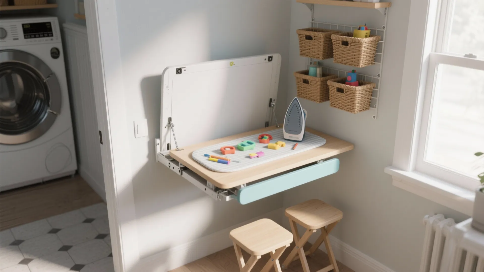 Wall mounted folding wooden table in laundry room with an iron and small storage baskets