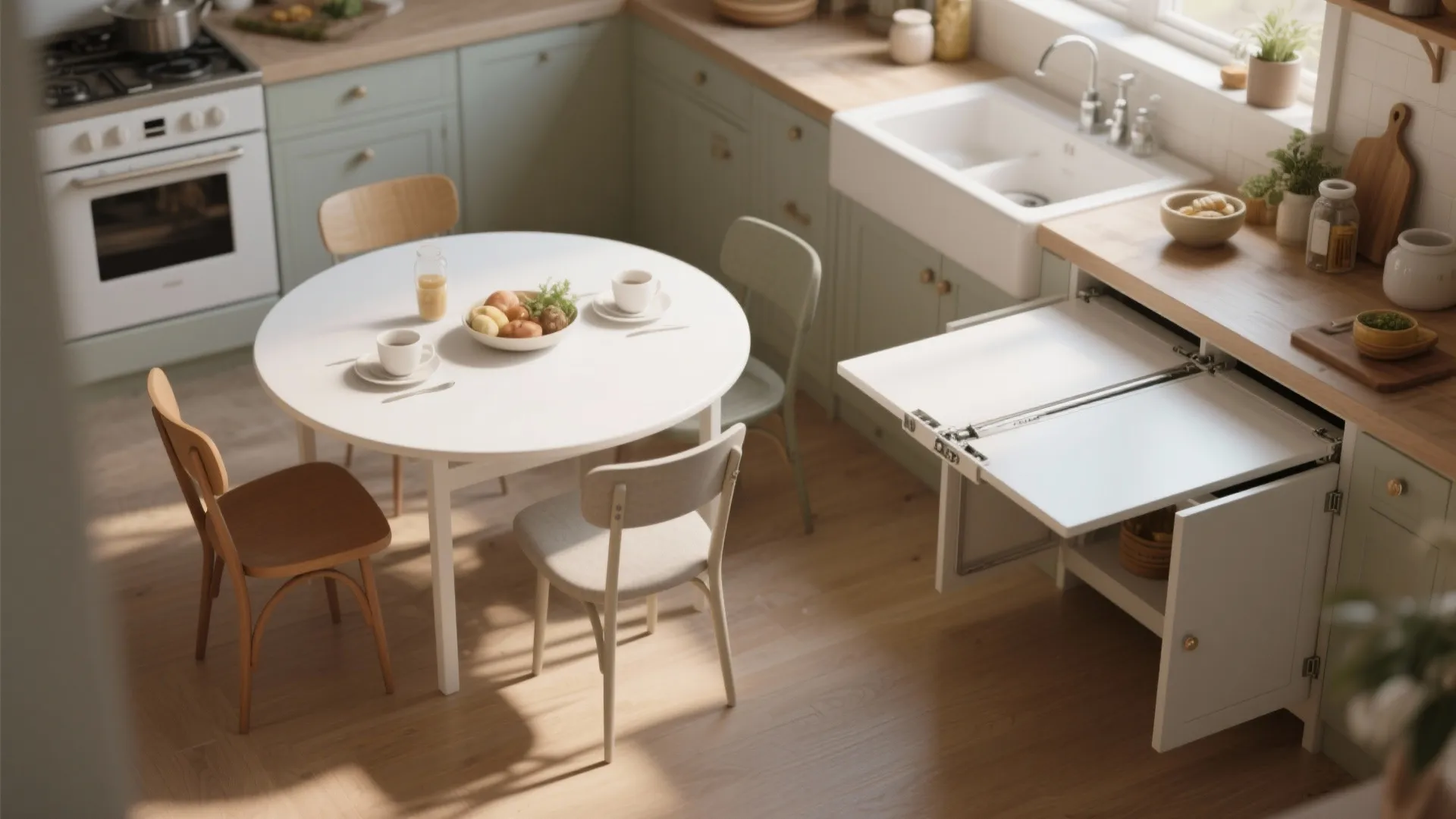 Modern kitchen with a white round dining table and a pull out table from cabinet