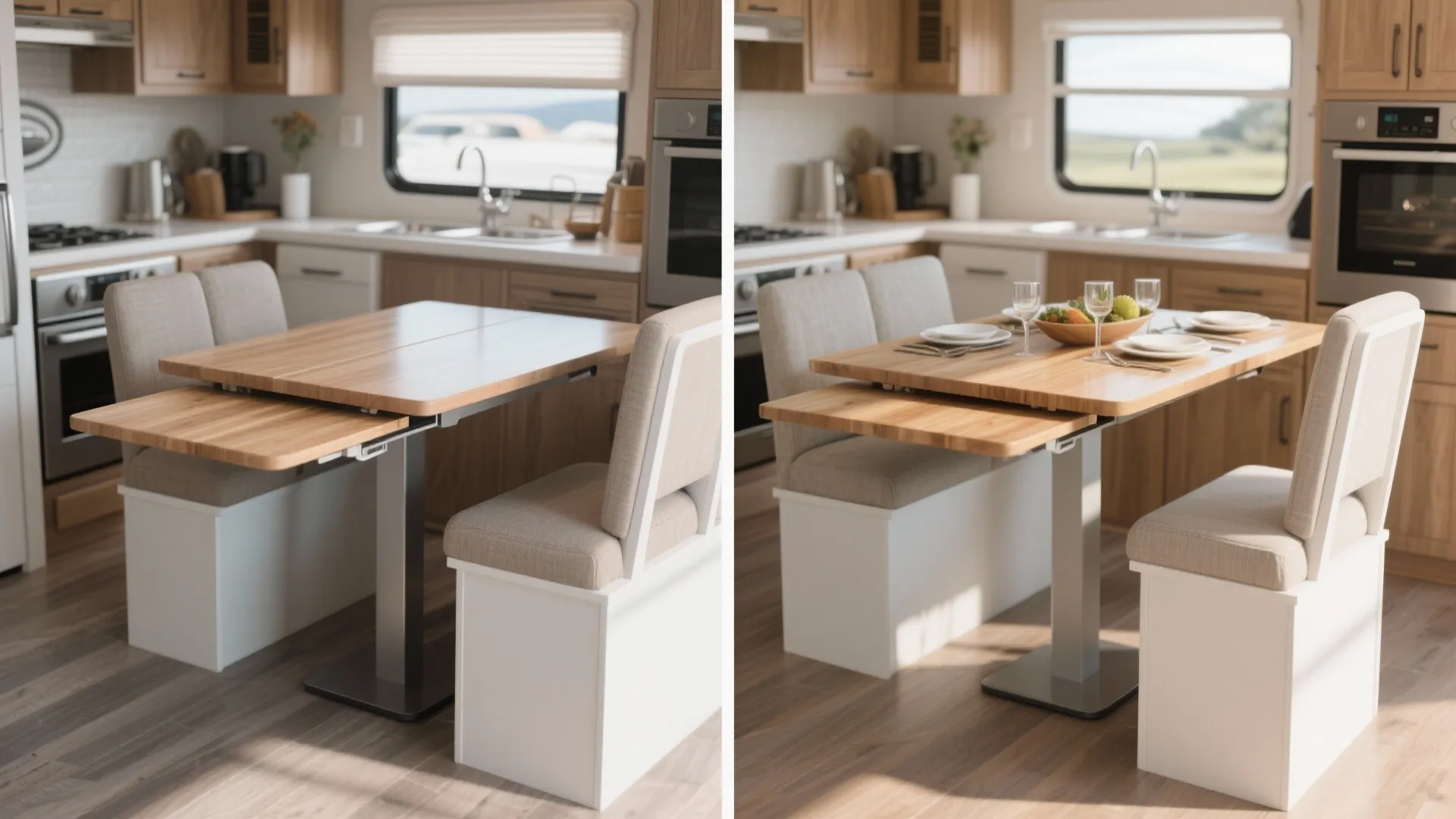Before and after comparison of an extendable wooden dining table in a compact kitchen space
