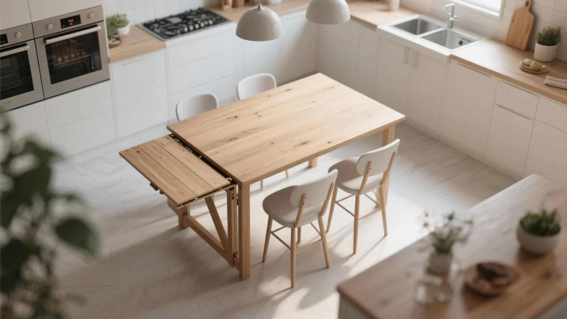 Wooden dining table with folding extension leaf and white chairs in a bright white kitchen