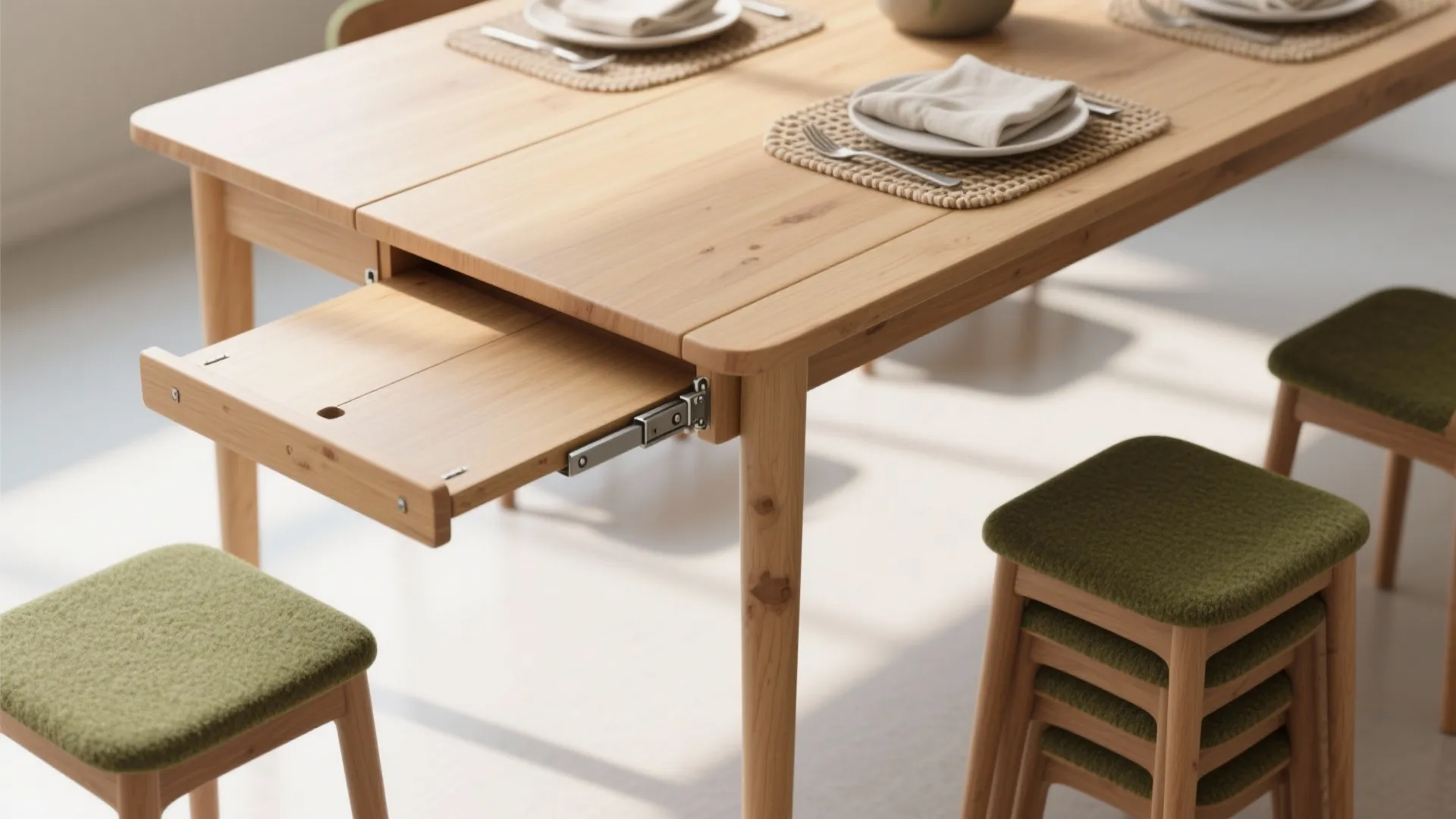 Top-down view of a wooden drop-leaf table folded and partially extended with hinge and felt pad details.