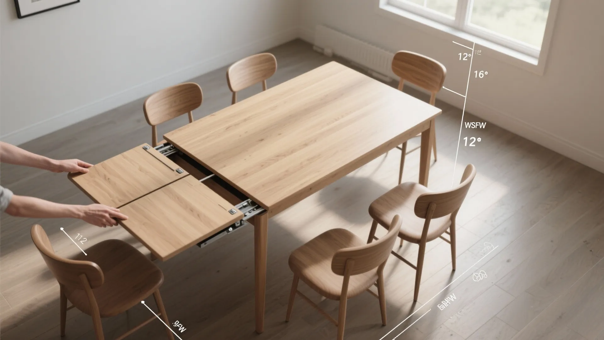 Extendable wooden dining table with chairs being pulled out to show the leaf extension mechanism