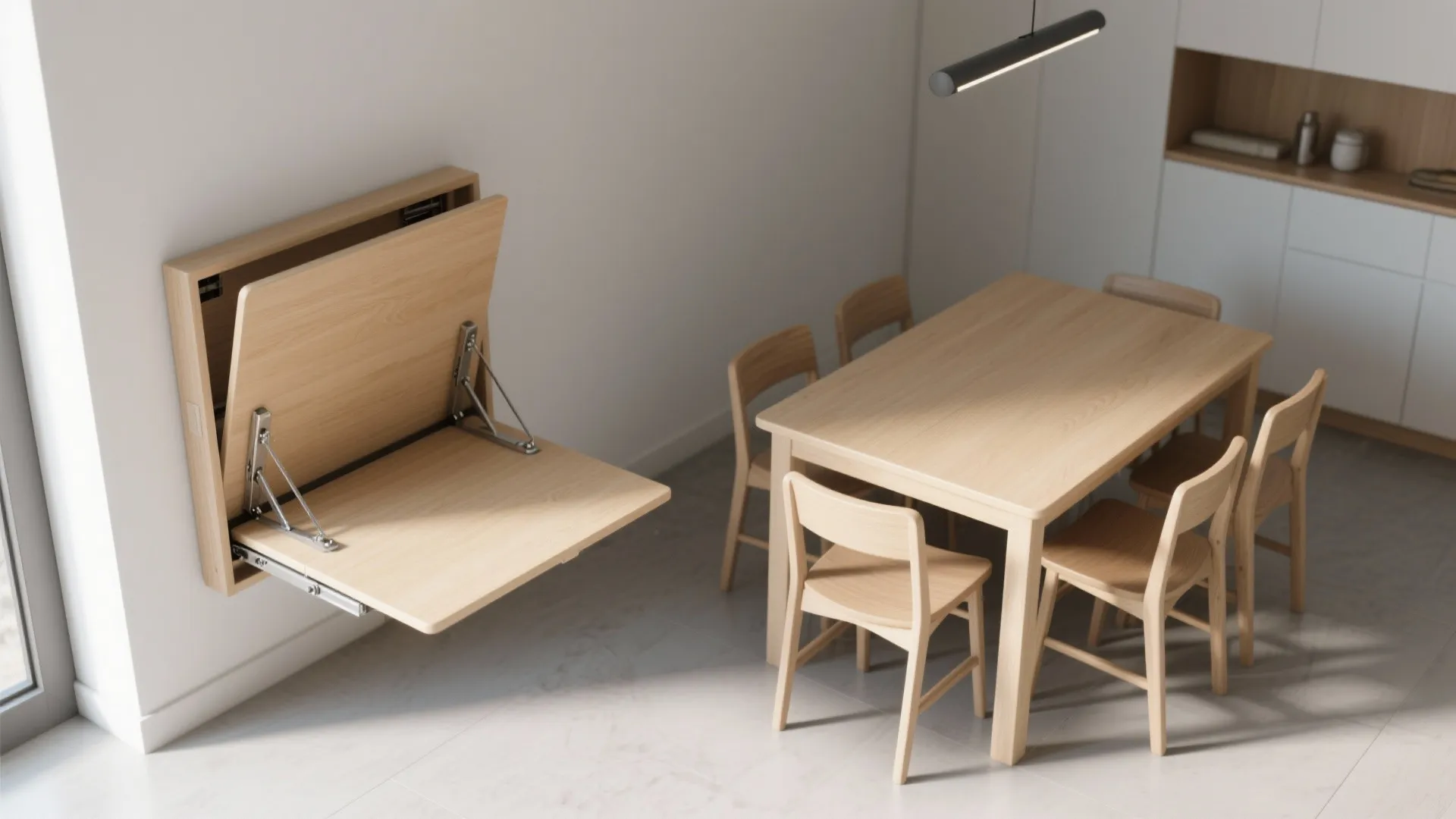 Wall mounted folding wooden table next to a dining table with chairs and white cabinets