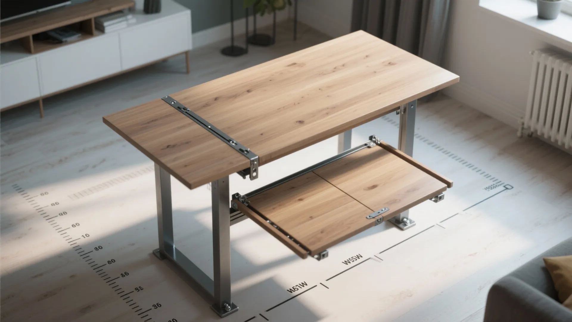 Wooden dining table with a pull out extension leaf and metal legs on a floor