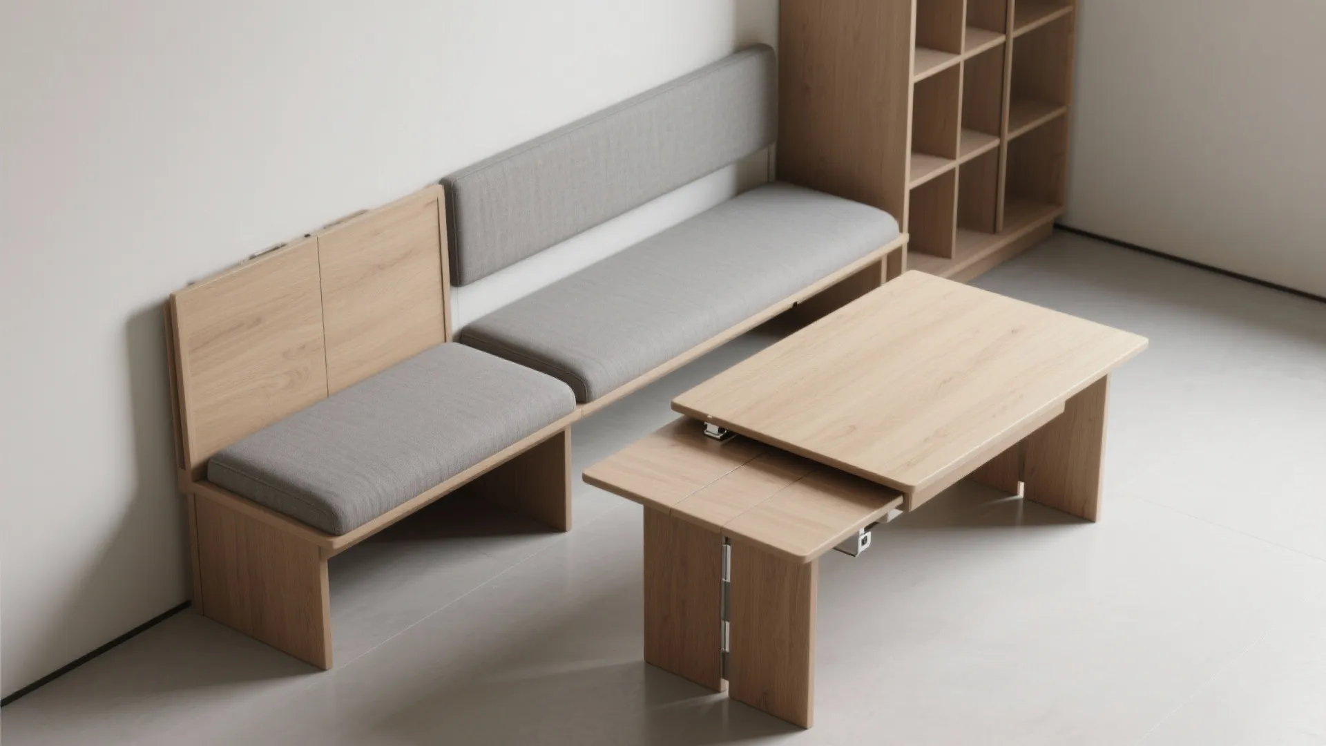 Modern wood dining table with grey seat cushions and a matching wood storage bookshelf unit