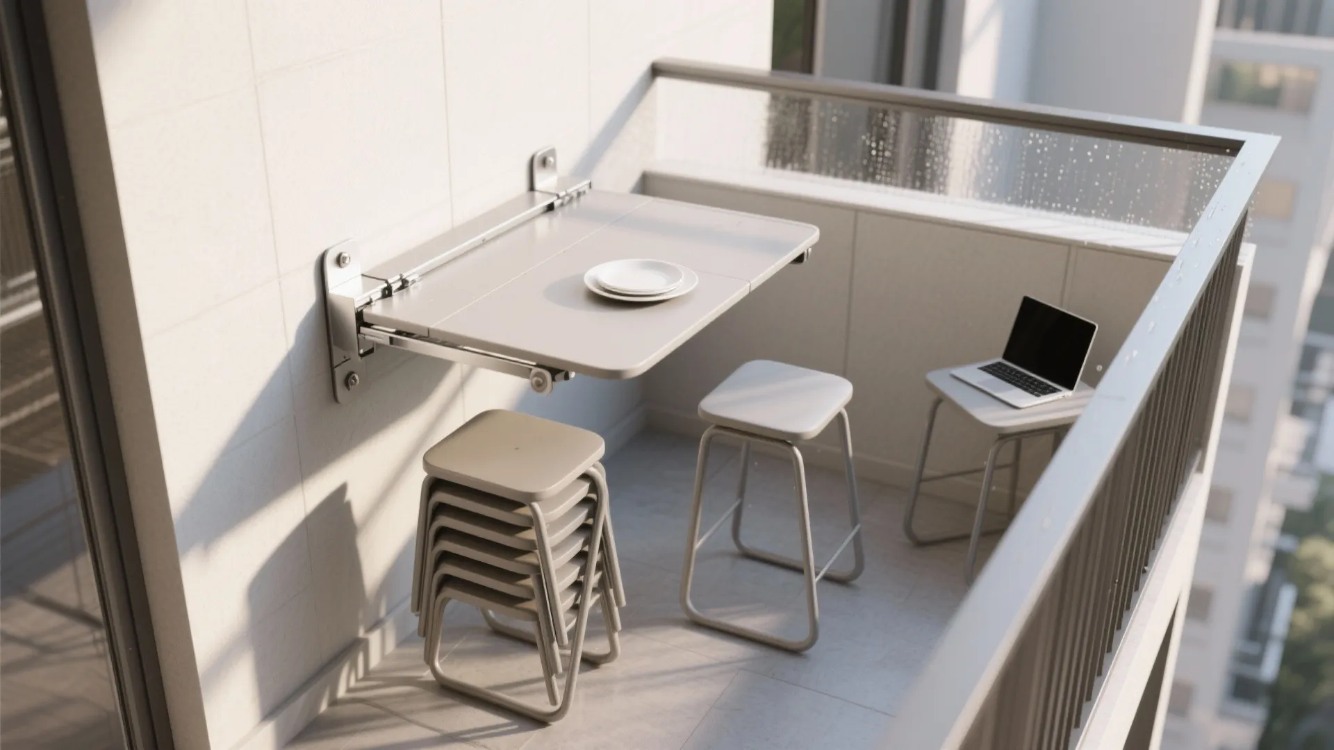 Wall-Mounted Drop-Leaf Table + Stackable Stools