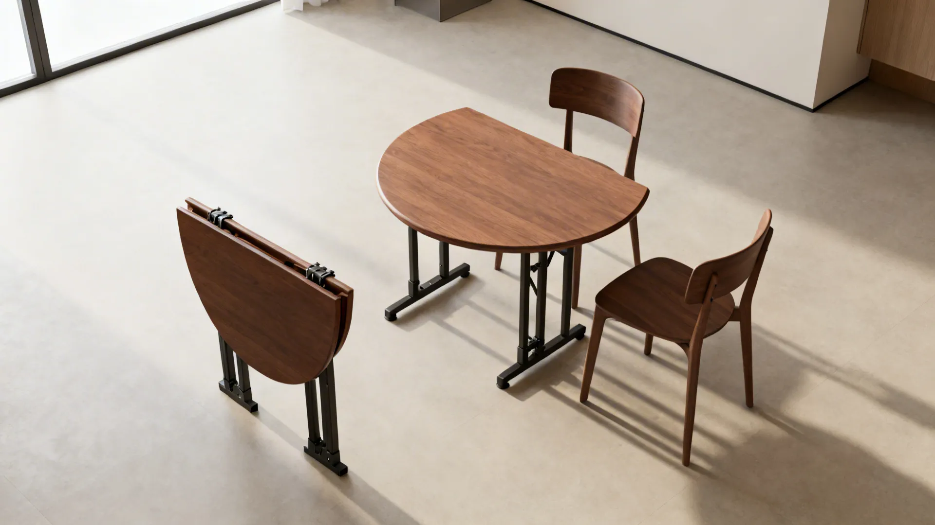 Top-down view of a small drop-leaf round table half-extended showing flexible footprint