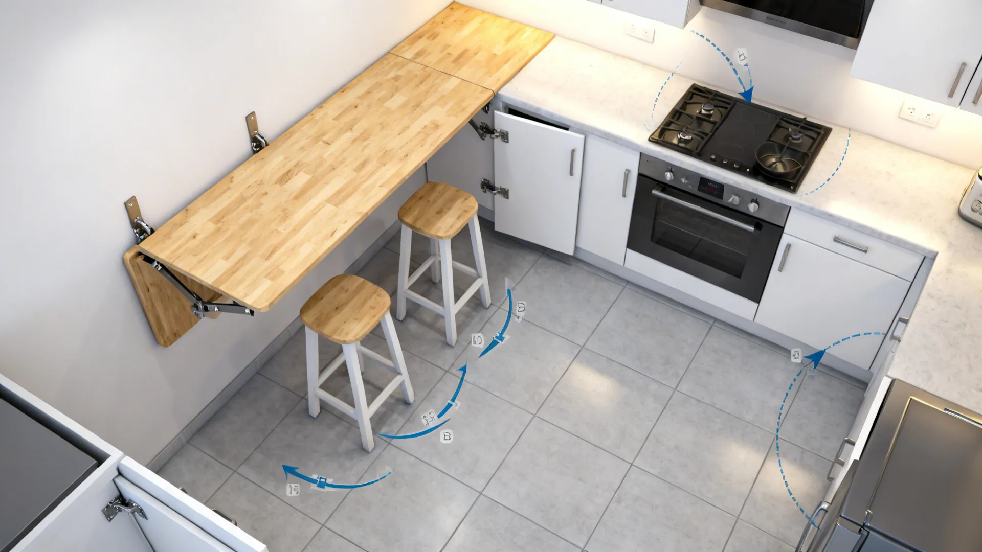 Top-down view showing a drop-leaf breakfast bar with clearances and stool zones in a small kitchen.