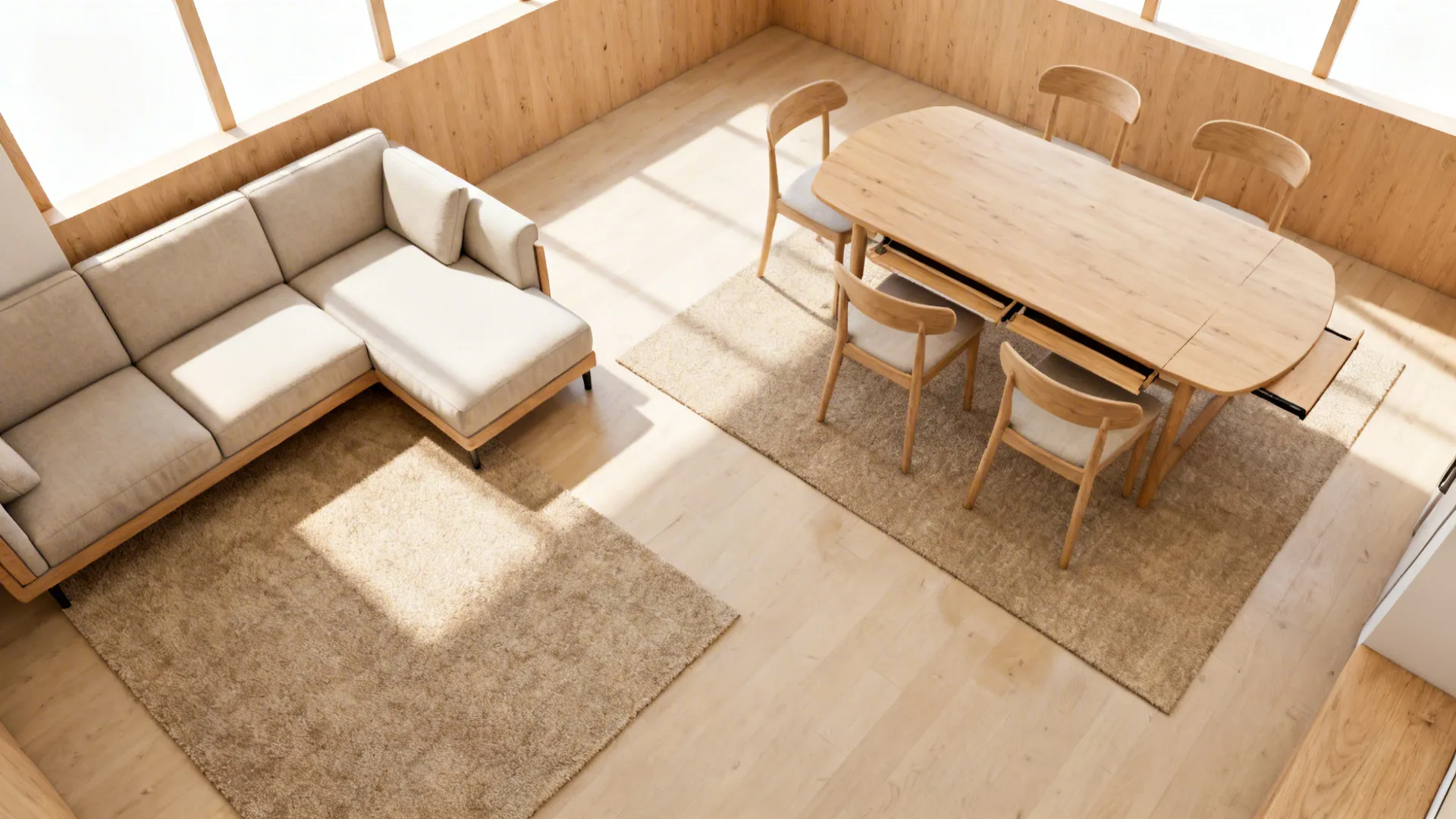 Top-down view of an L-shaped sofa with a drop-leaf table and clear circulation zones.