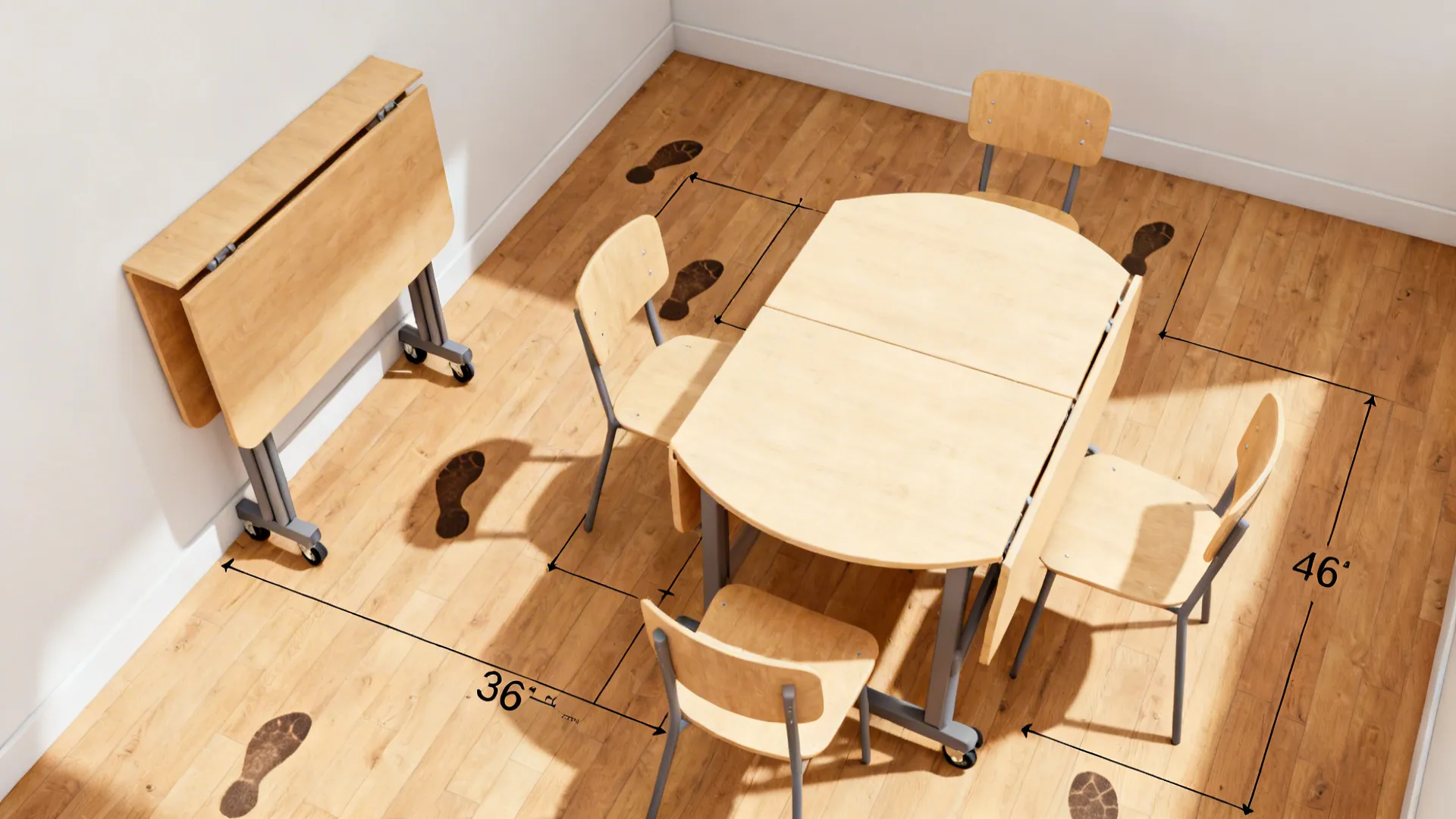 Top-down scene of a drop-leaf table on wheels showing parked and expanded positions.