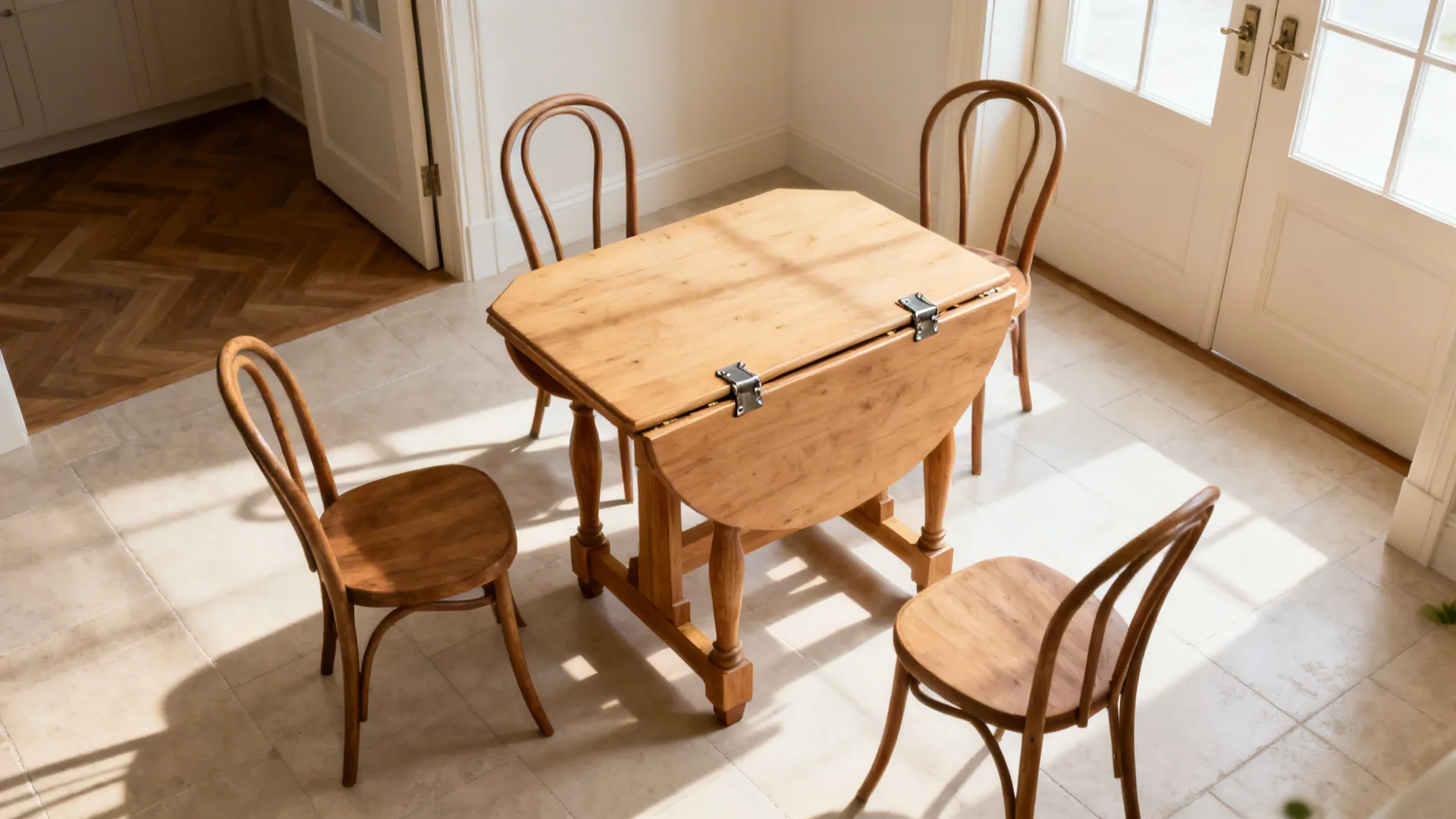 Top-down view of a drop-leaf table in compact and expanded positions with chair clearance arcs.