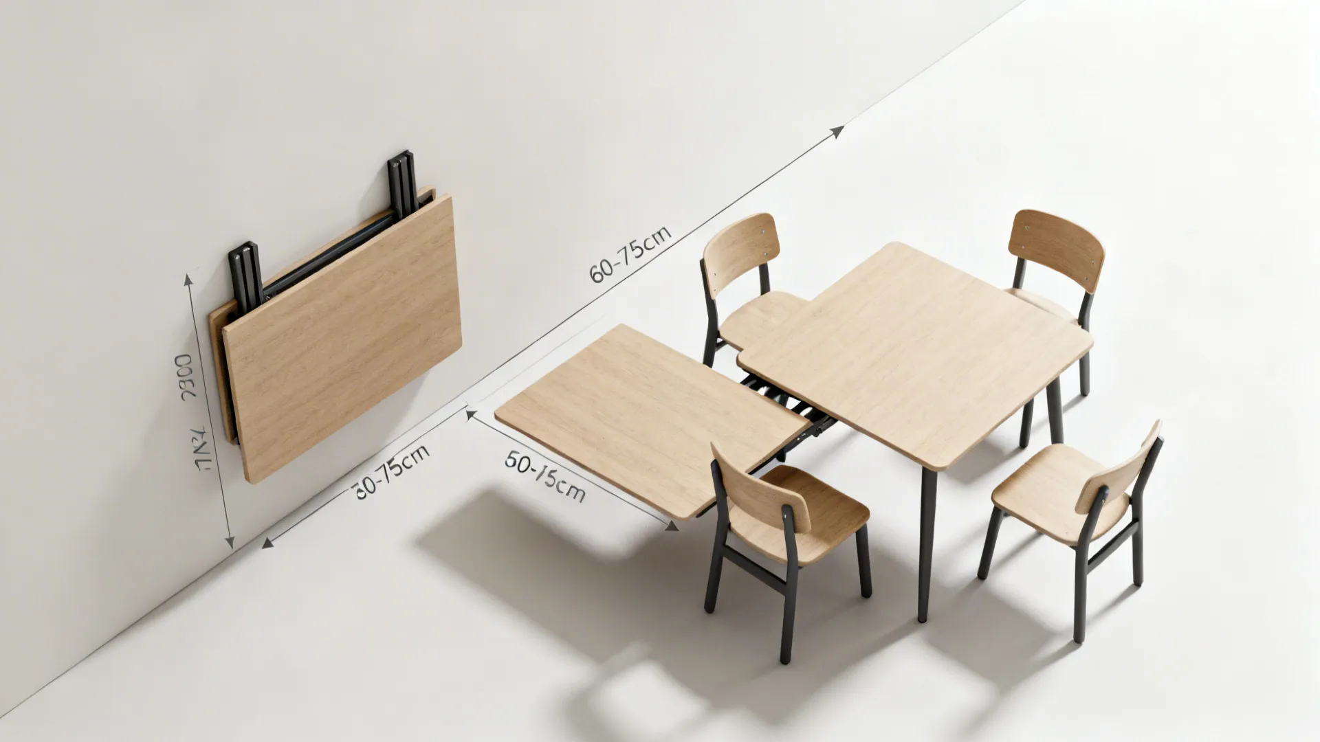 Overhead view of drop-leaf table closed and open with clear swing and seating clearance.