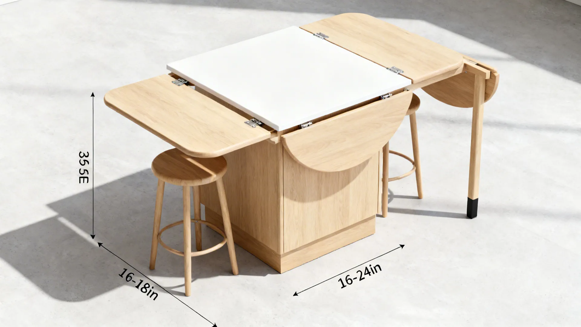 Top-down view of a drop-leaf island illustrating extension depth and stool clearances.