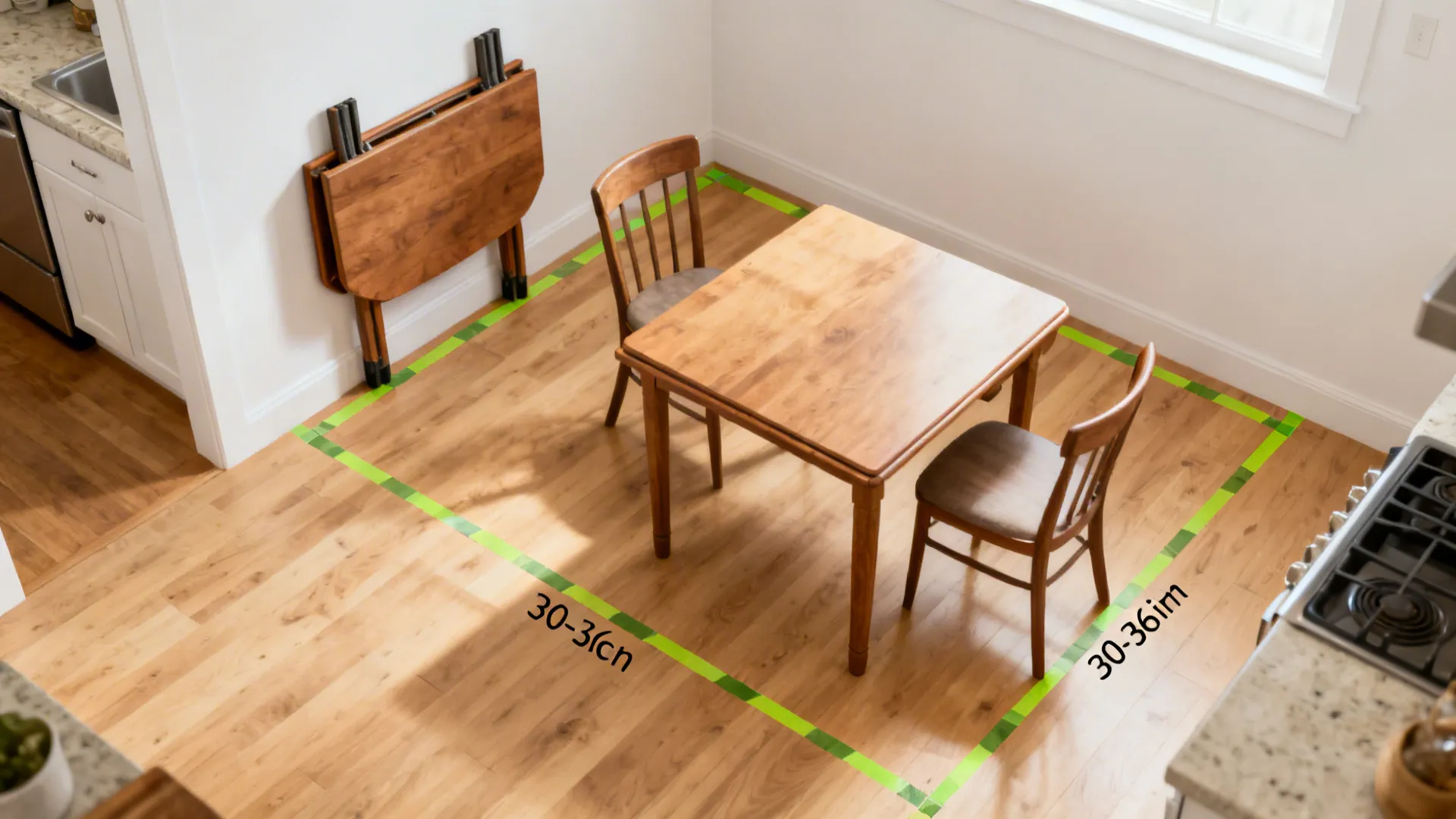 Top-down view showing drop-leaf table footprint and walkway clearances in a small kitchen.