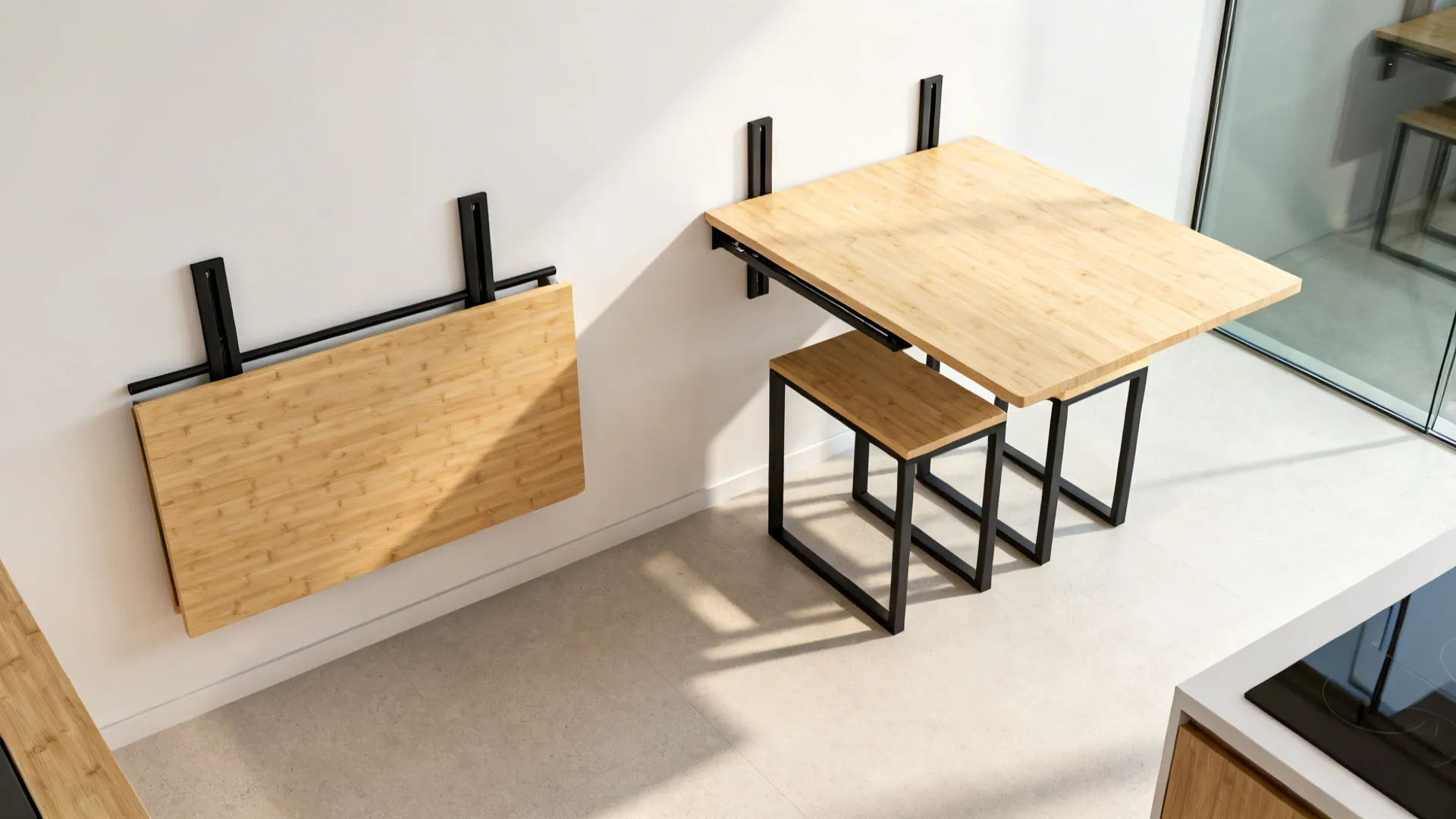 Wall-mounted drop-leaf table that flips from prep to dinner