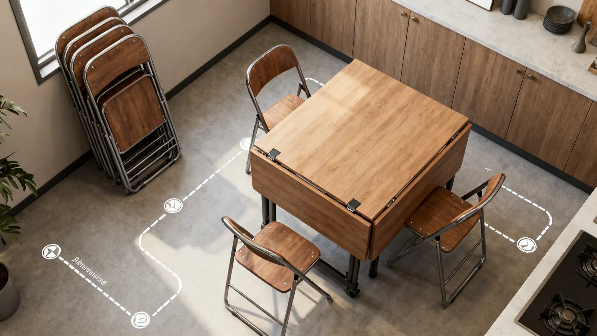 Top-down comparison of a drop-leaf table folded and extended in a compact room