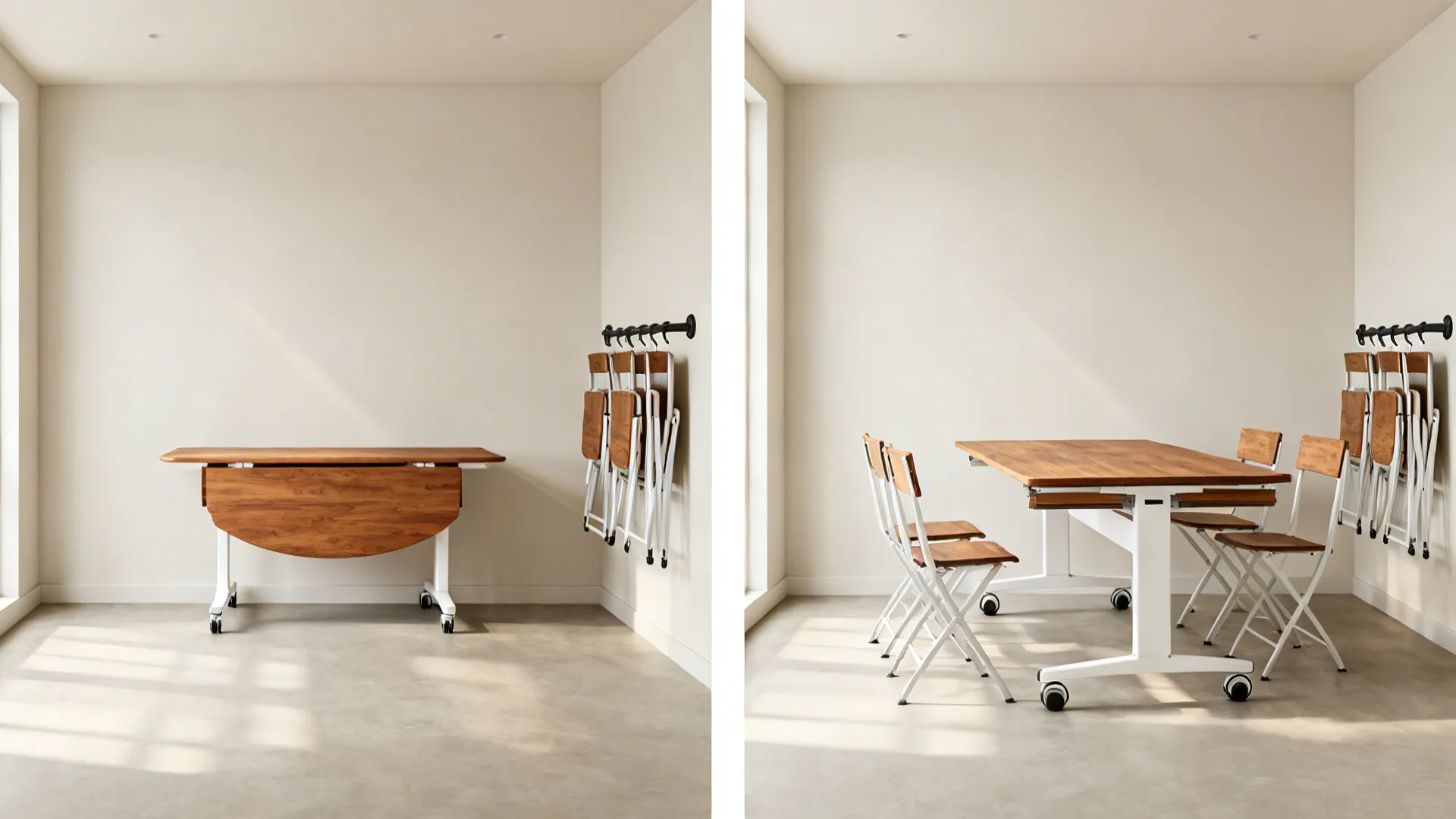 Drop-leaf table on wheels shown stowed as a console and expanded for six guests.