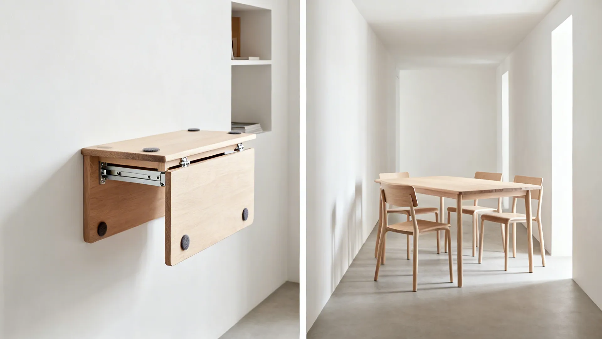 Drop-leaf table shown folded slim as a console and opened for dining in a studio.