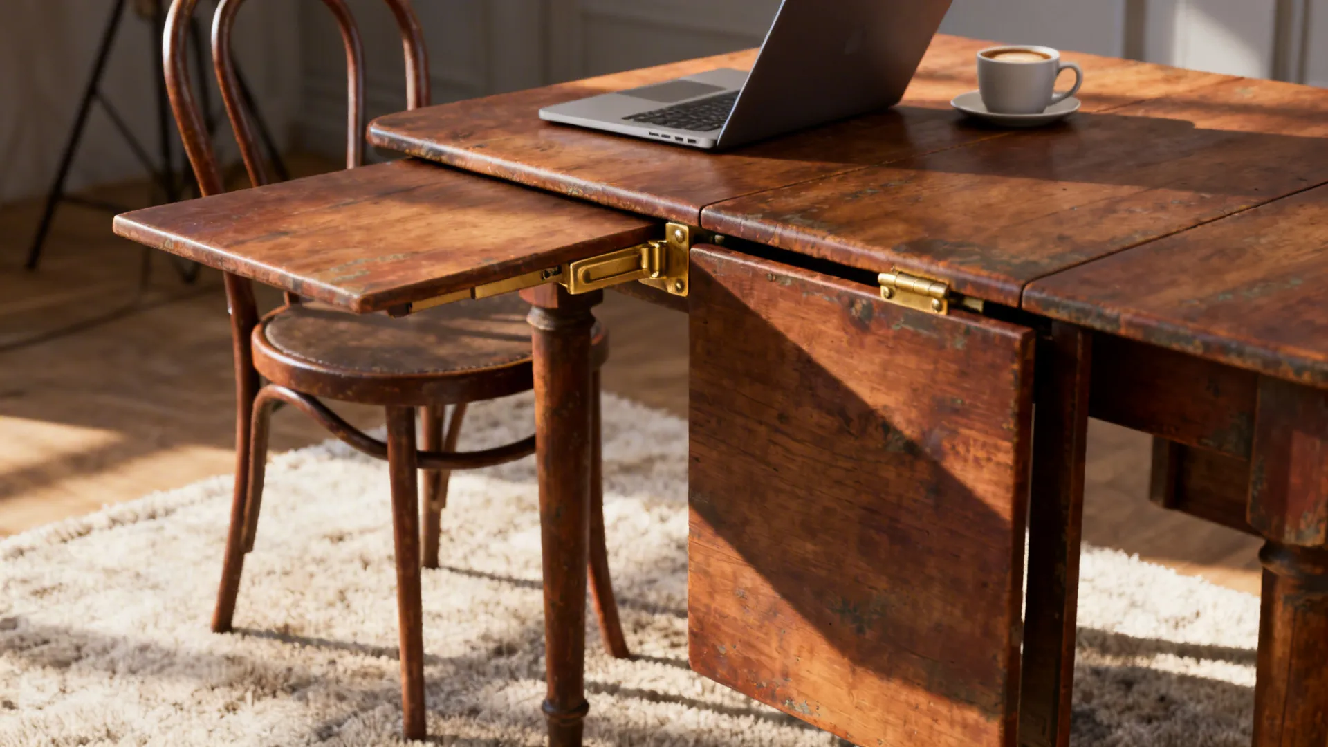 Partially extended vintage drop-leaf table used as desk and dining surface in a small studio.