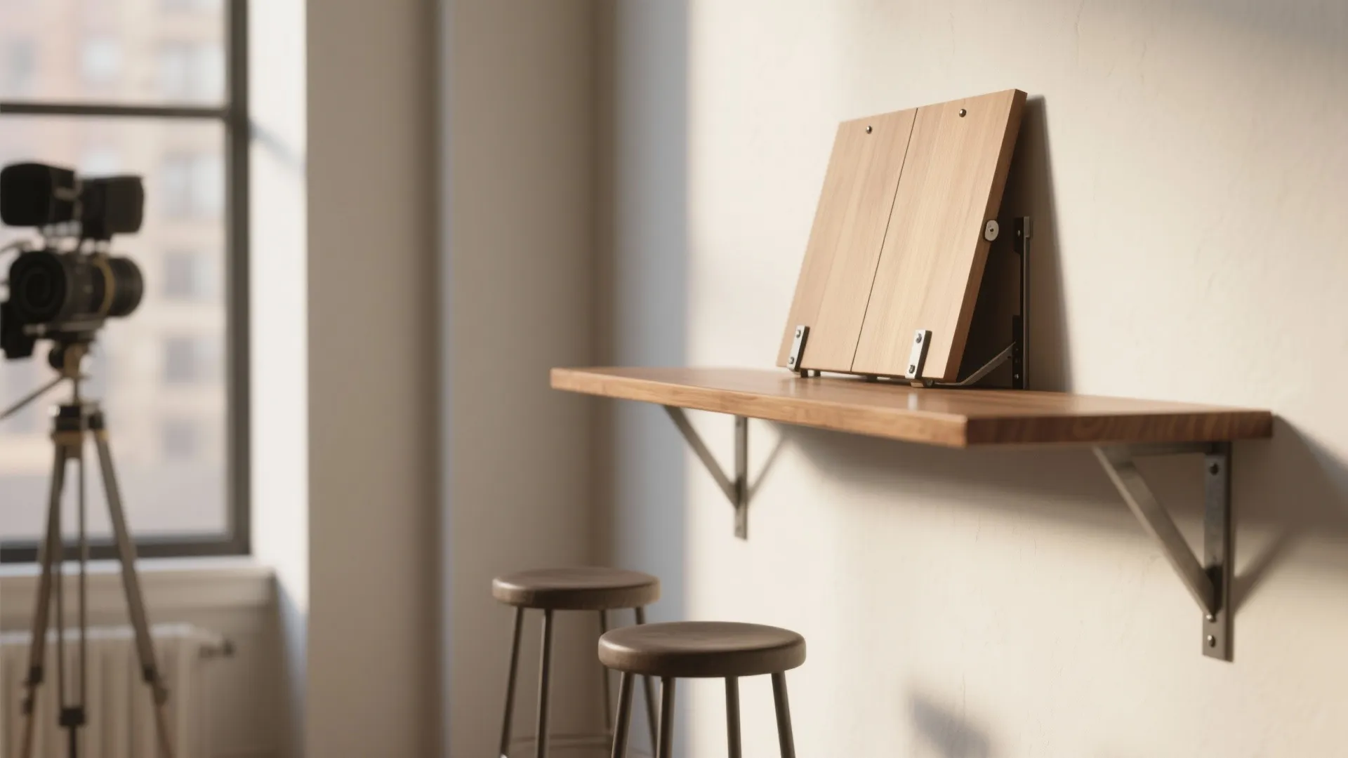 Wooden wall mounted folding desk with two stools in a bright room near a window