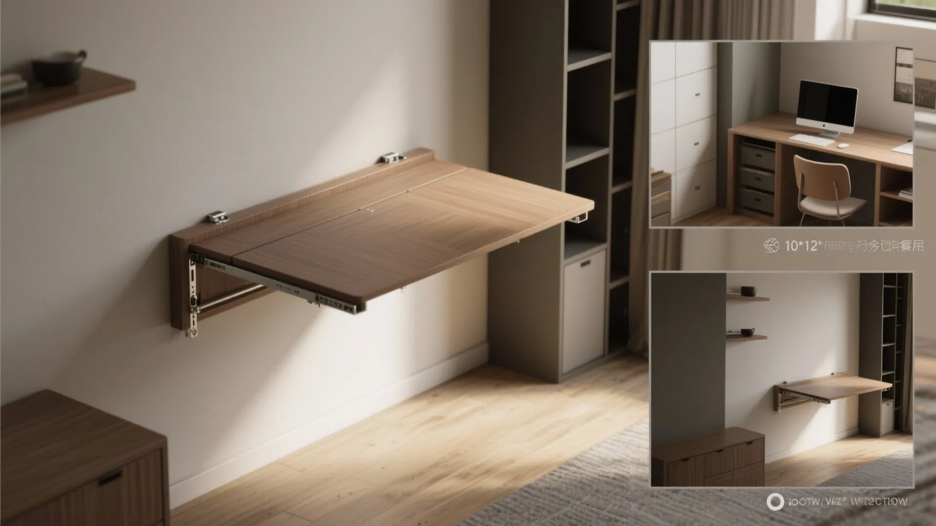 Wooden wall mounted folding table shown in different positions including closed and used as a desk