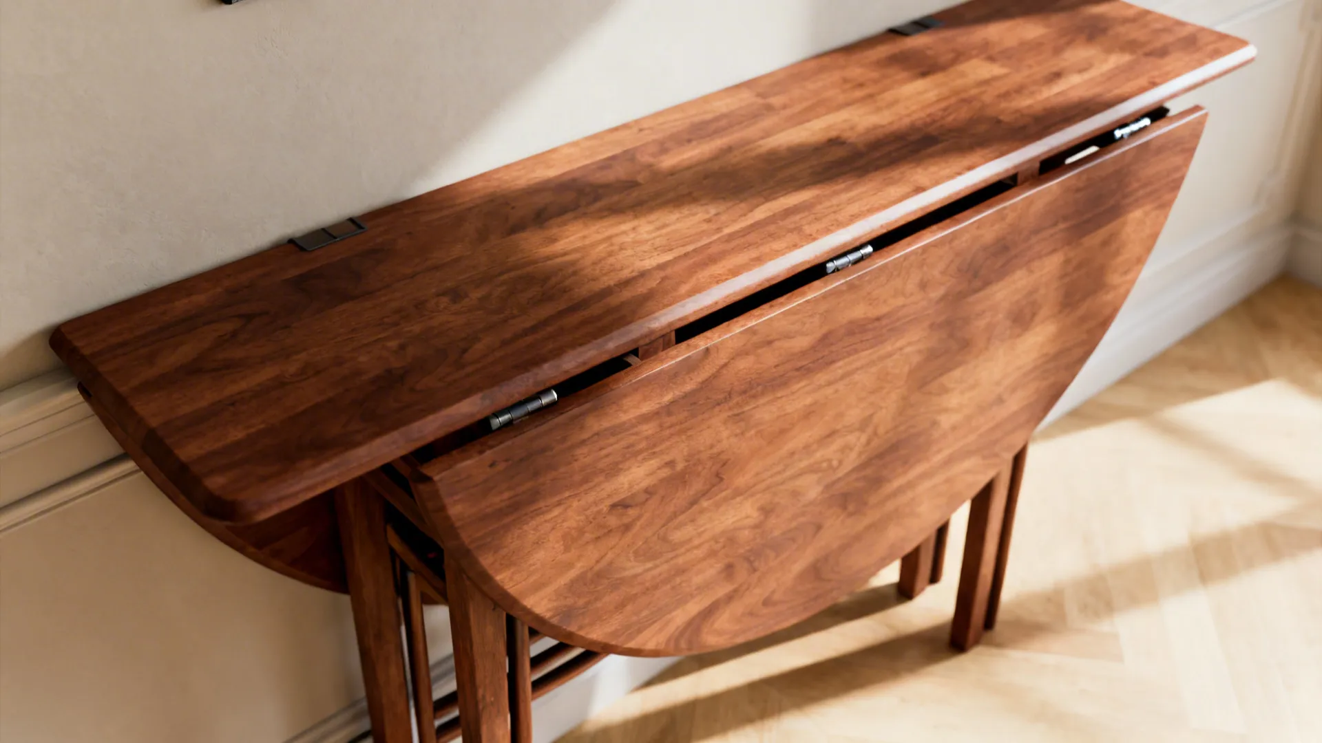 Wall mounted wooden folding table with drop leaf design on a light brown herringbone wood floor