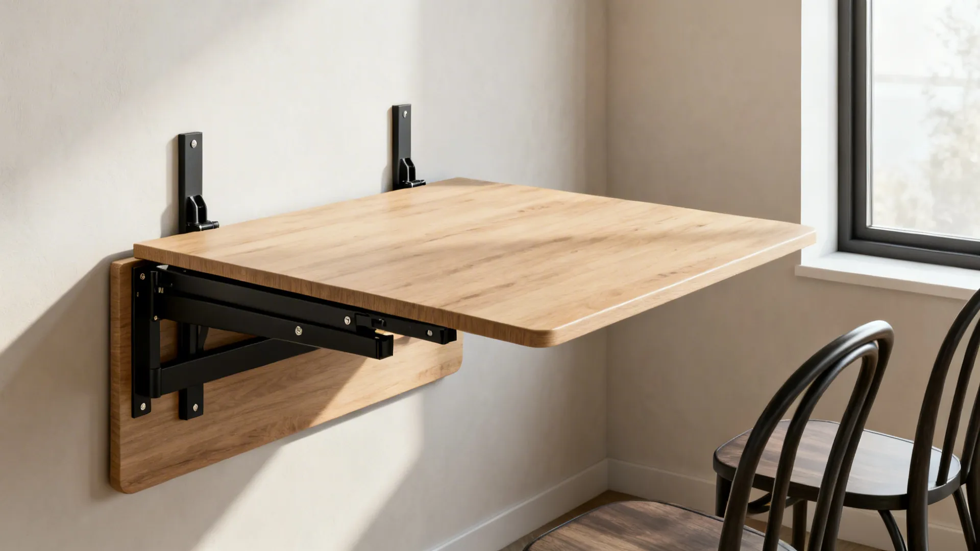 Wall-mounted drop-leaf table with stackable chairs in a modern minimalist apartment.