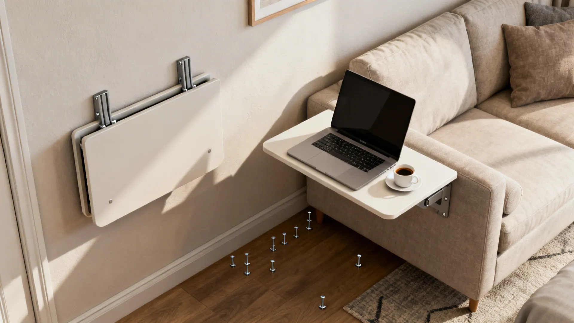 Wall-mounted drop-leaf table shown folded and opened beside a sofa, with laptop and coffee.