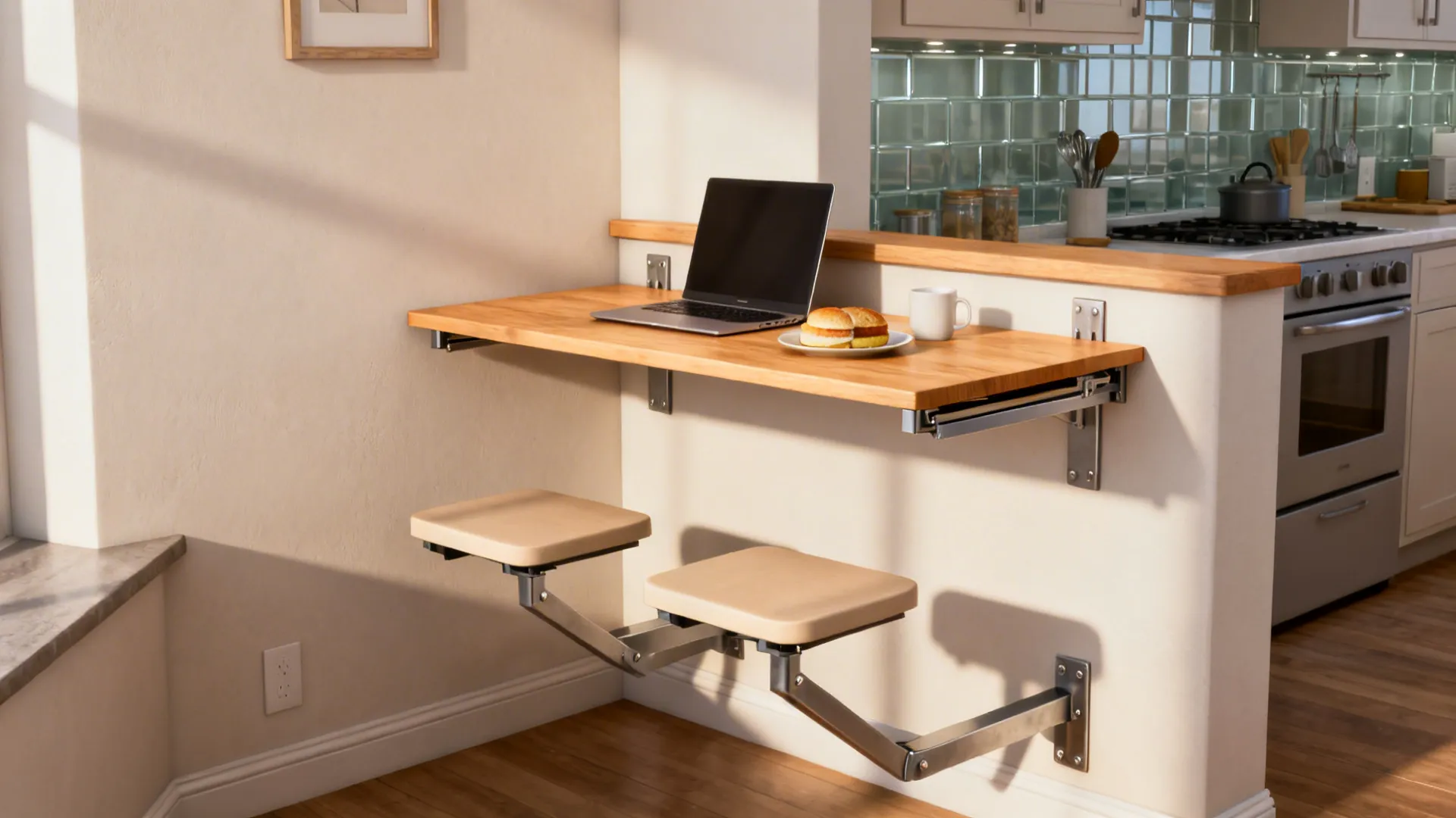 Slim wall-mounted drop-leaf table in a narrow galley kitchen with tuck-under stools.