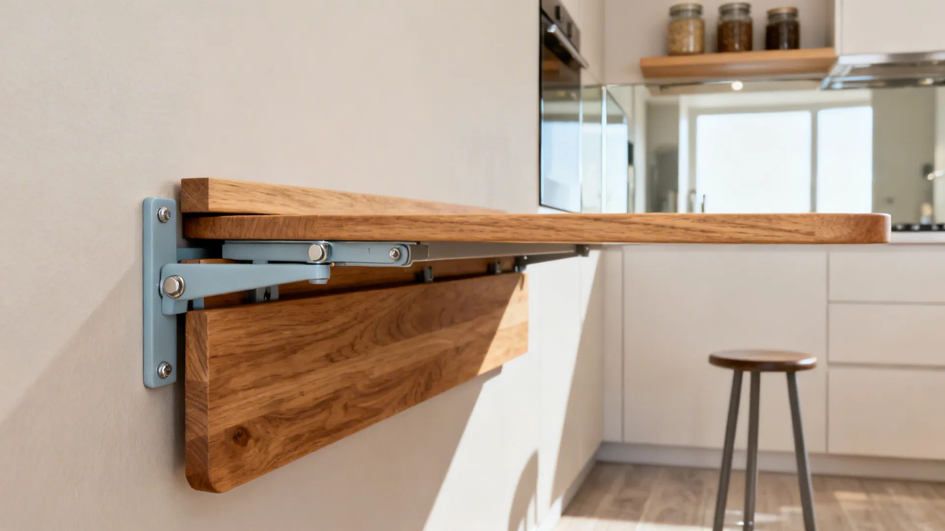 Wooden wall mounted folding table with metal brackets installed in a bright modern kitchen space