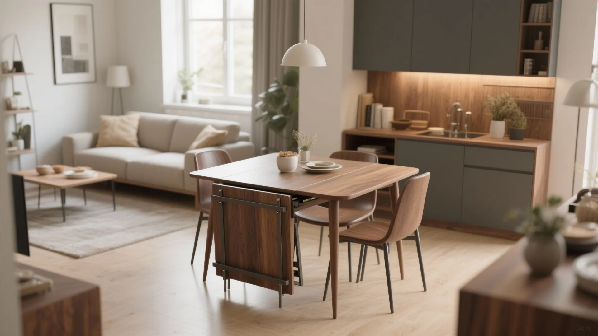Modern open living area featuring wooden dining table with chairs next to a gray kitchen