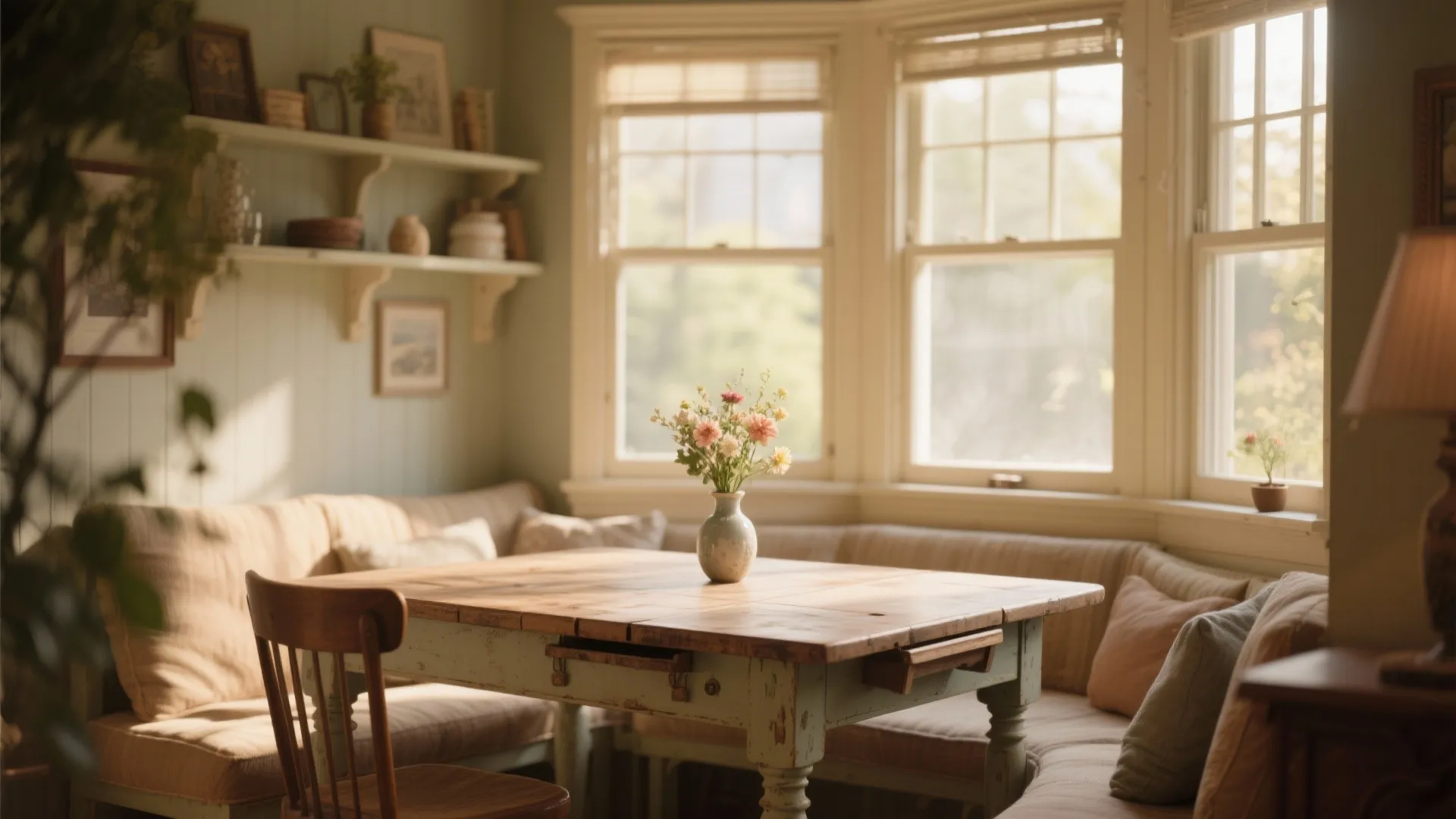 Cozy dining area with wooden table green wall shelves bay windows and comfortable bench seating