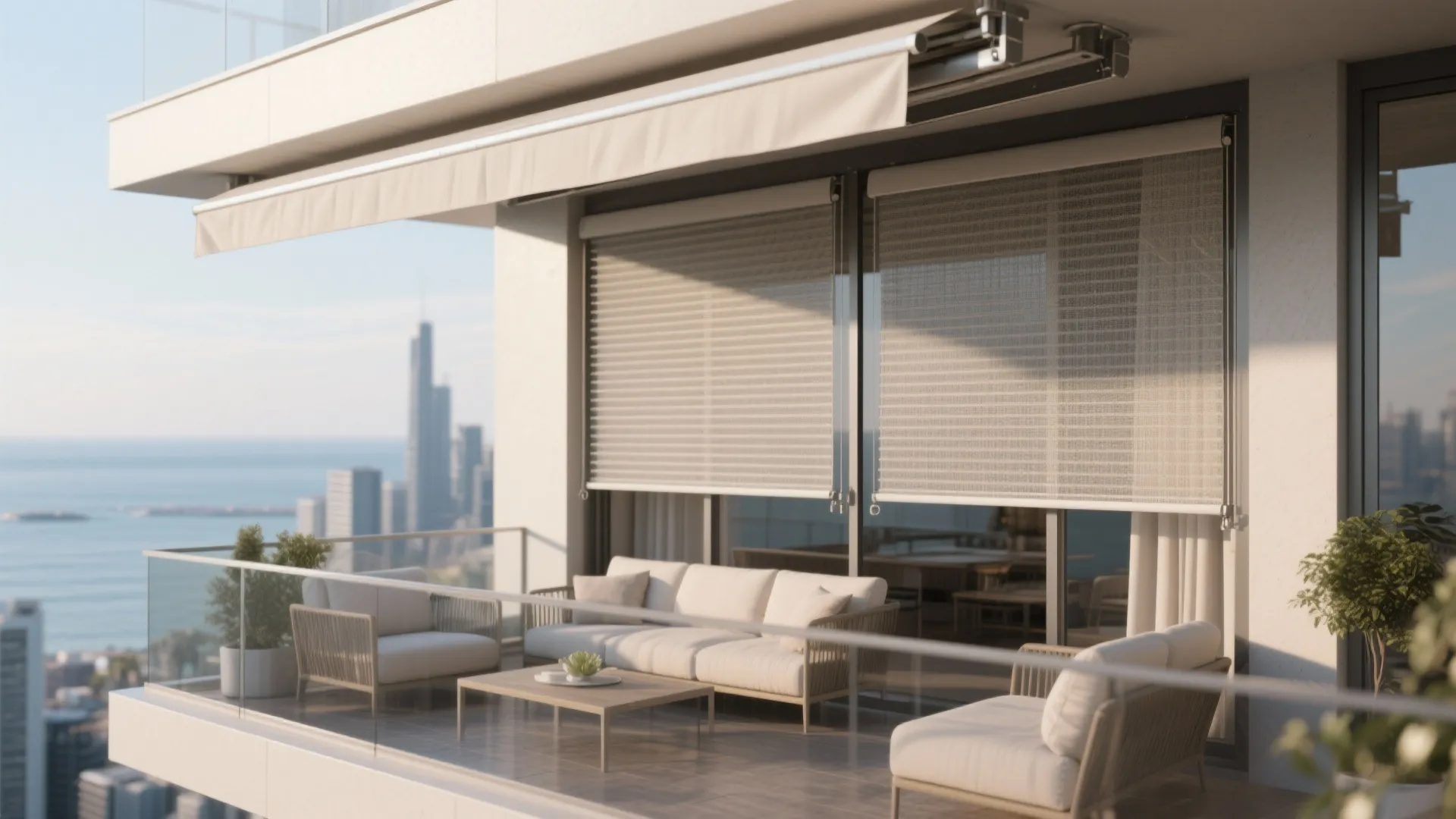 Vertical drop awnings with zip tracks provide wind control and privacy on a balcony lounge.