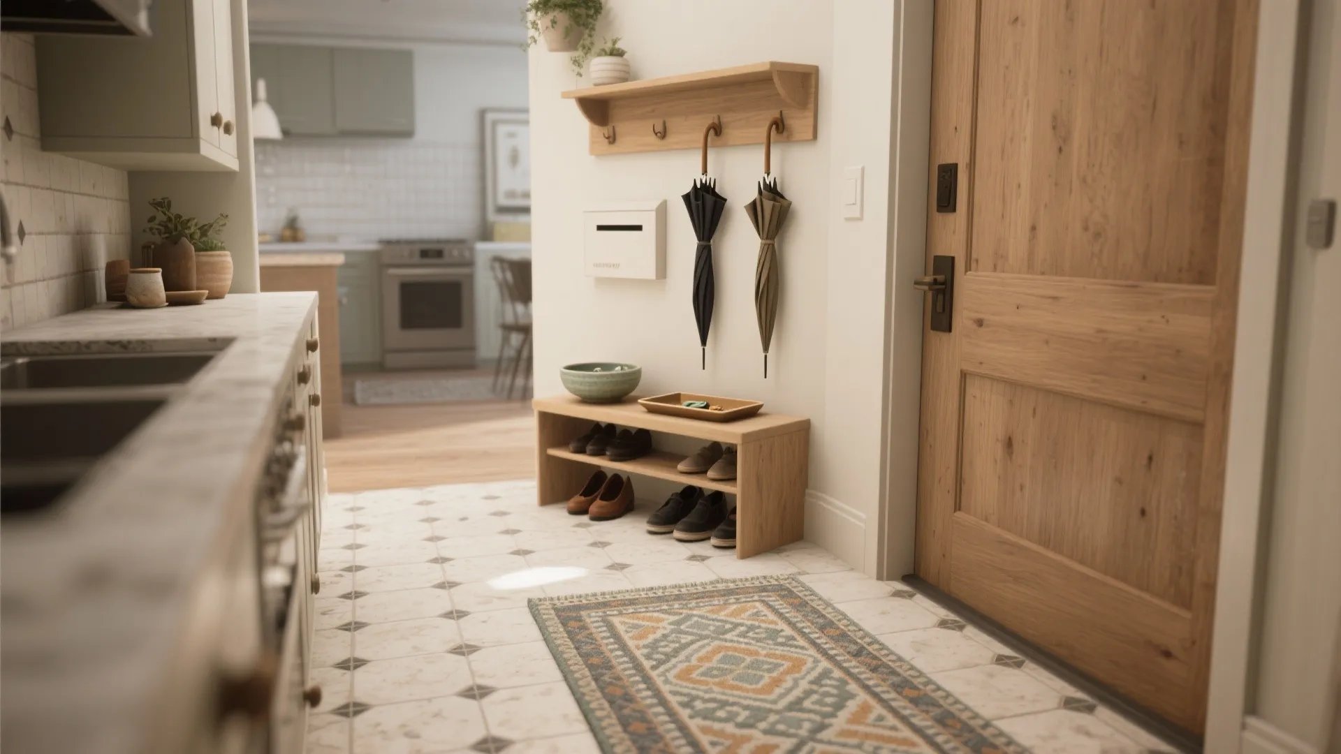 5. Zoned Flooring and a Stylish Drop Zone