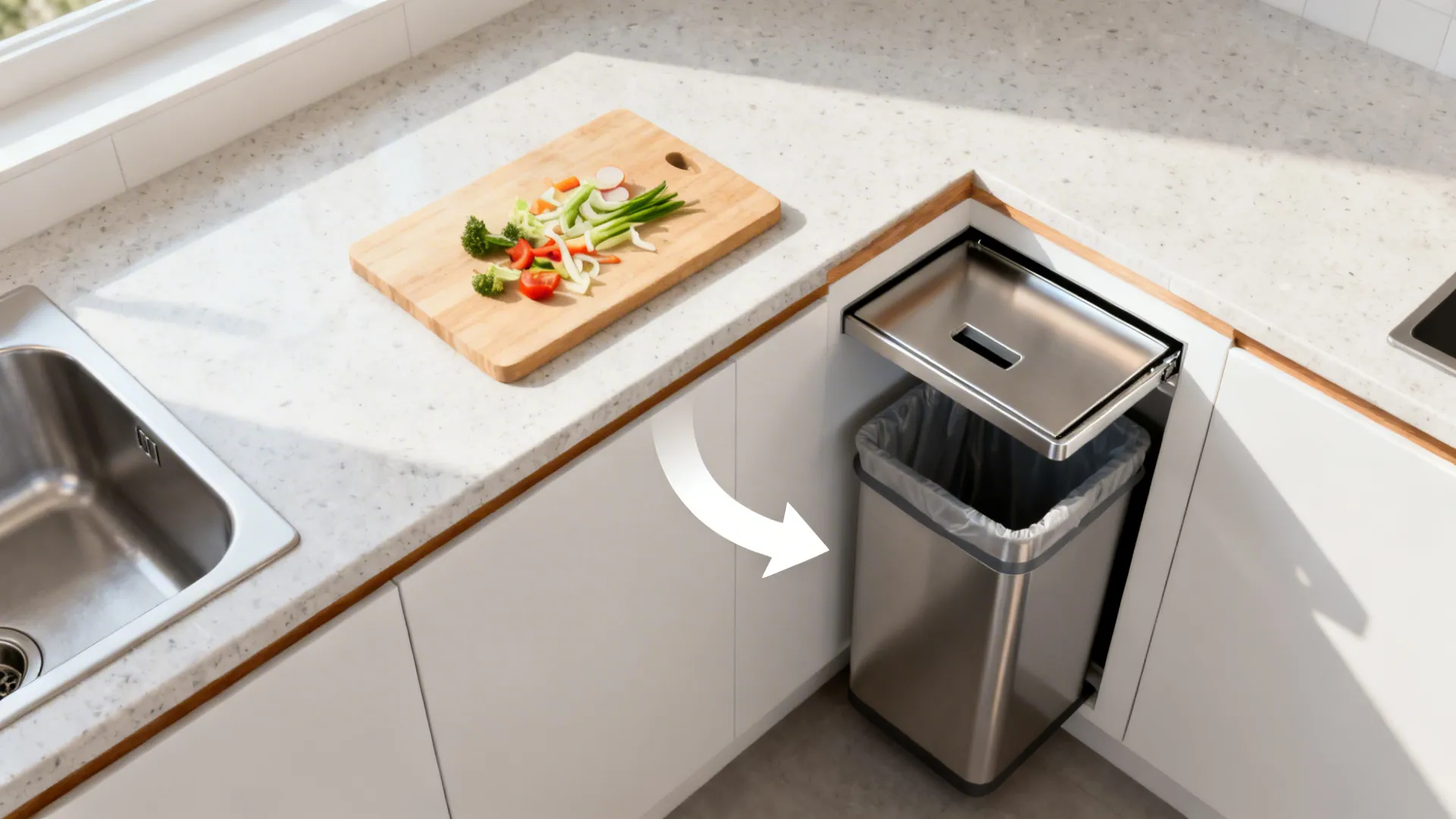Top-down view showing scraps moving from cutting board into a flush countertop drop hatch.