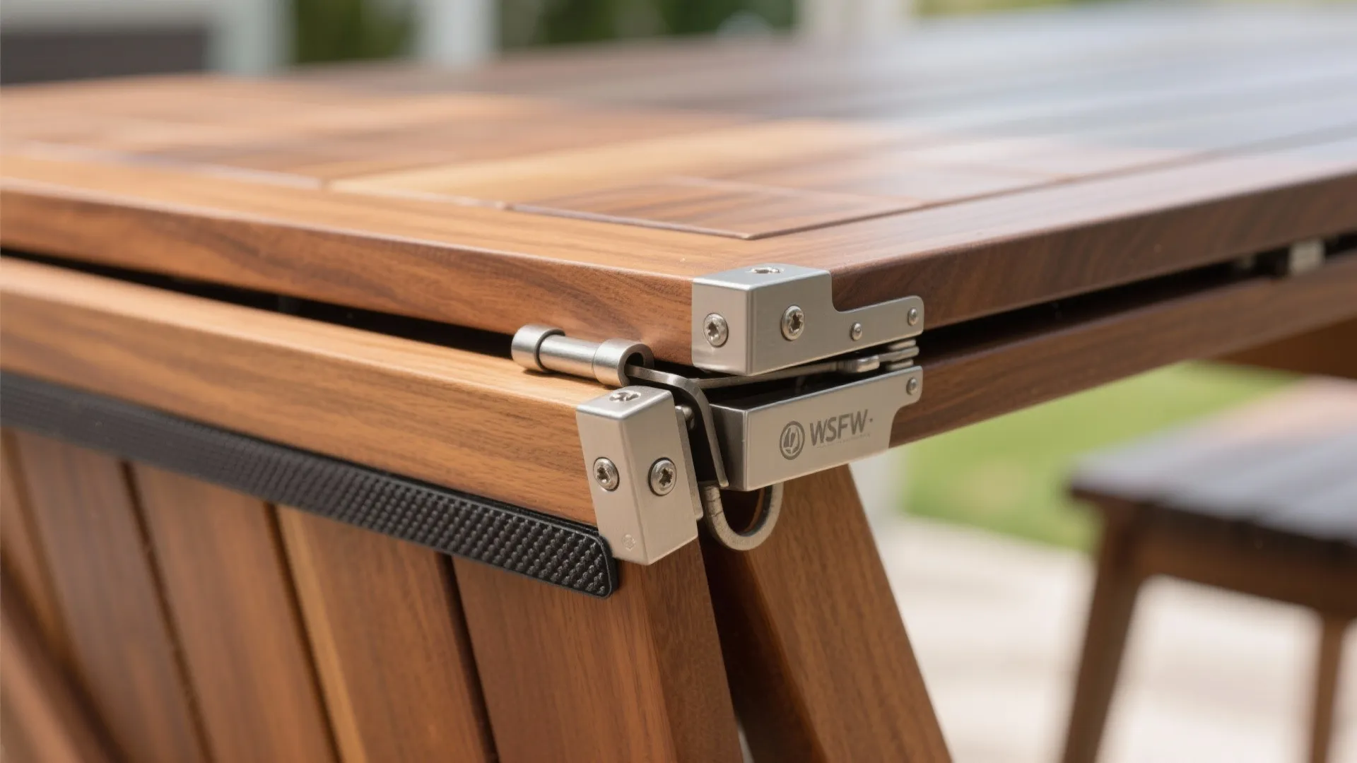 Macro of stainless hinge and sealed teak edge on a fold-down balcony bar.