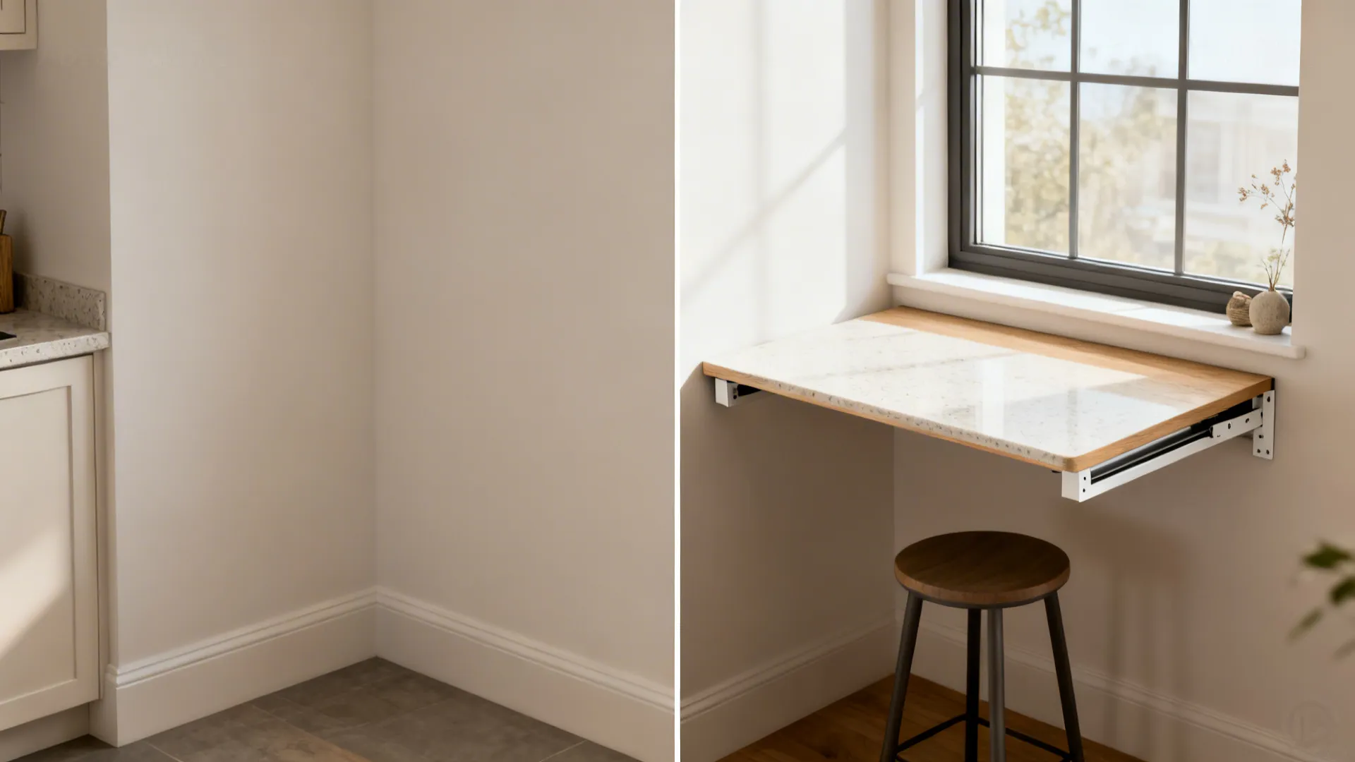 Before and after of a small kitchen corner upgraded with a slim drop-down table under a window.