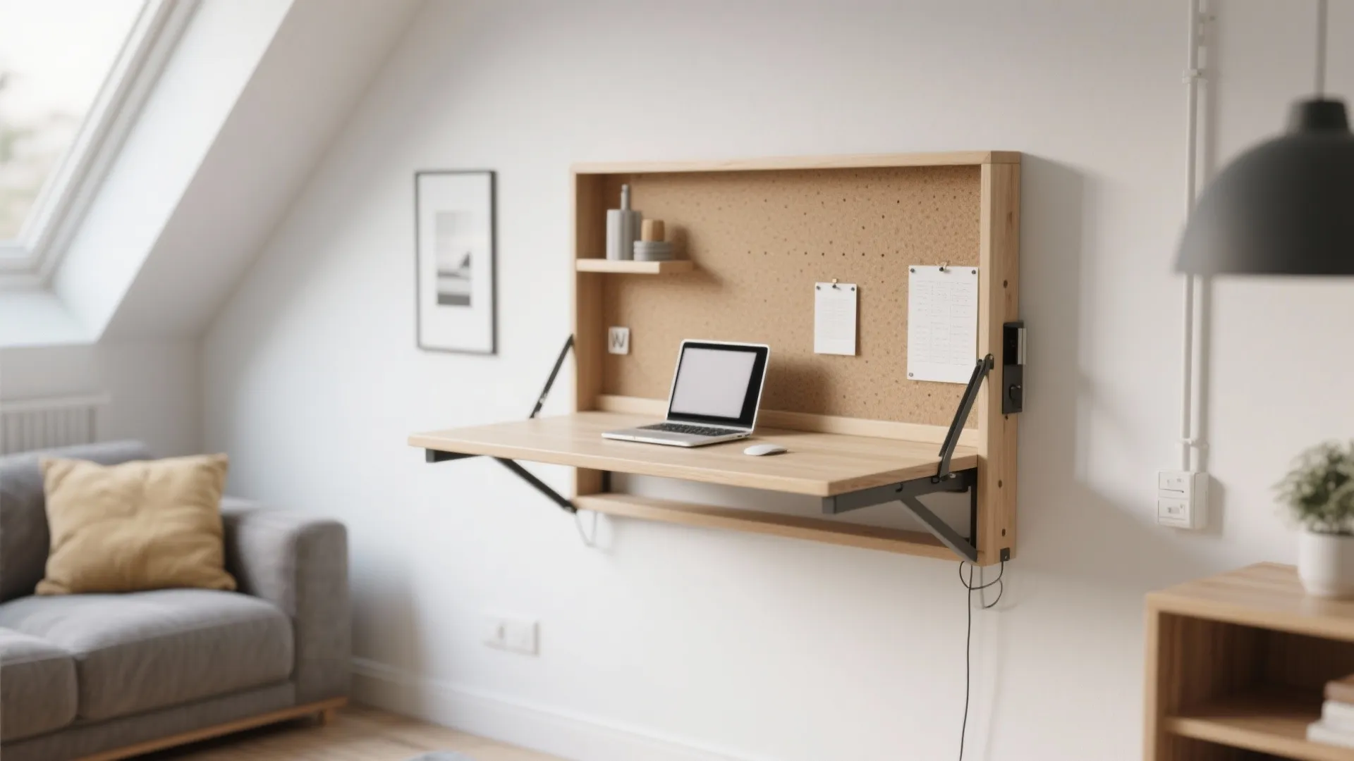 Foldable wall-mounted desk open in small loft living room