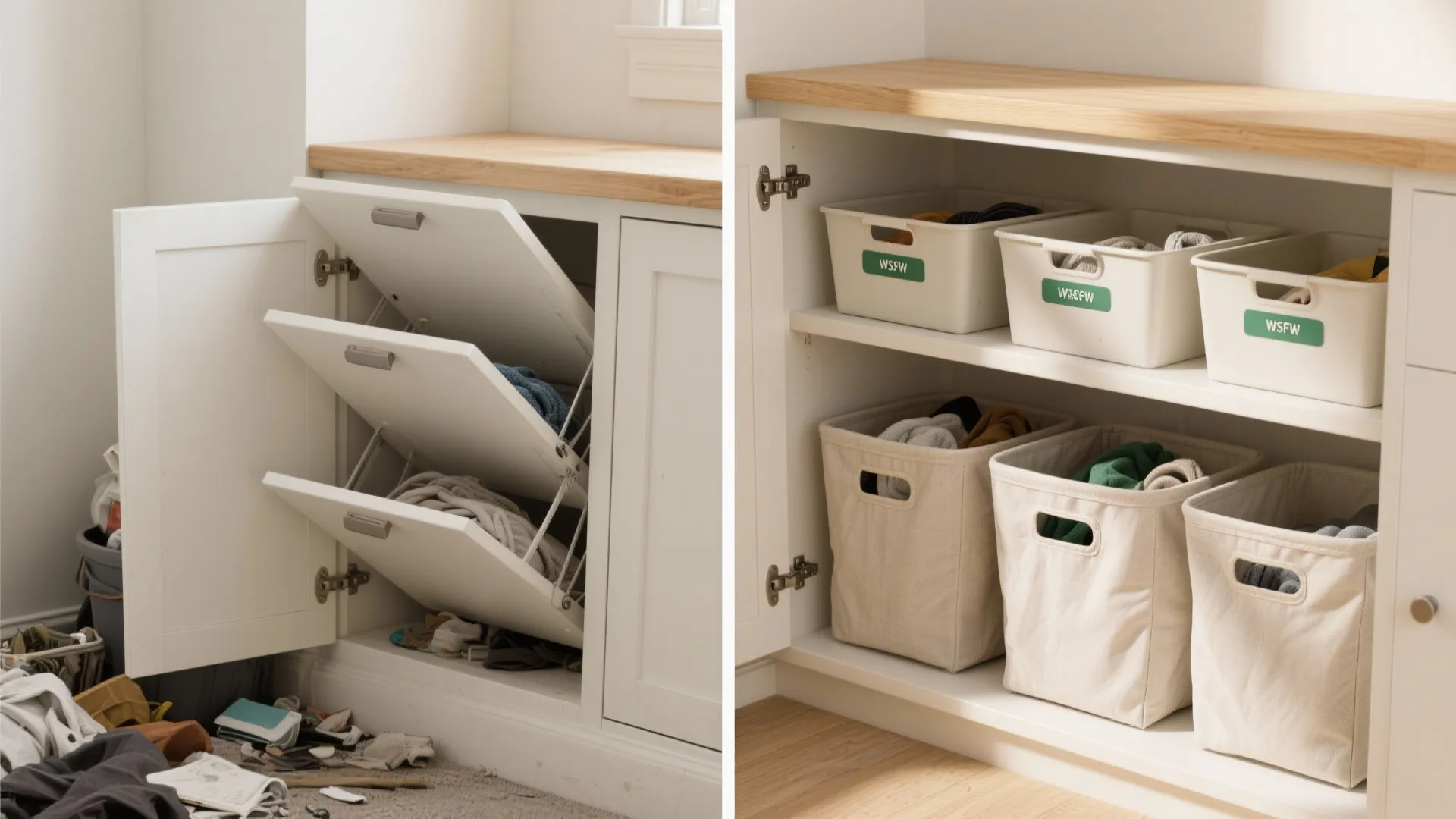 3. Build a shallow cabinet with drop-front hampers