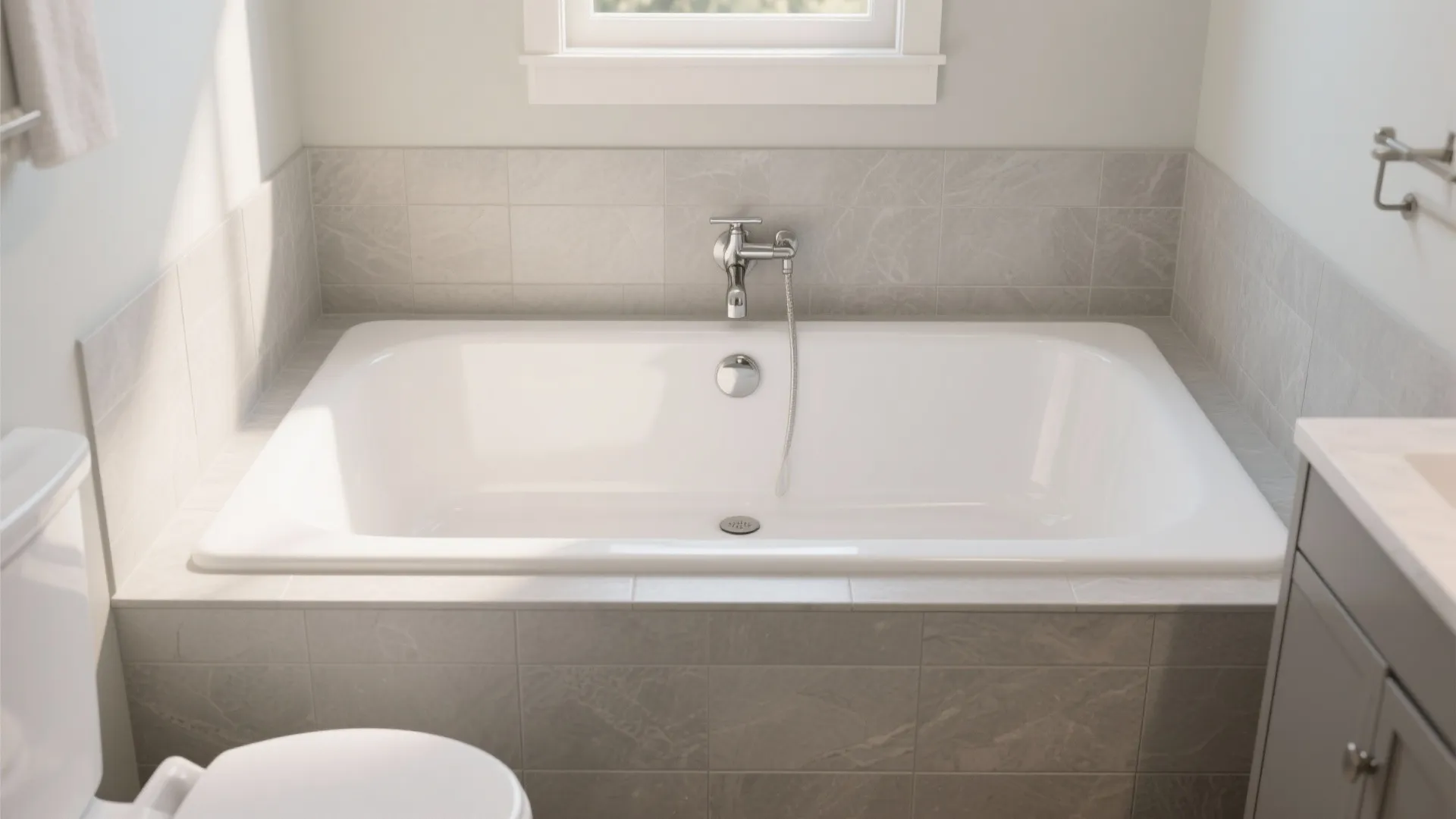 Compact drop-in Jacuzzi with integrated apron in a clean-lined alcove bathroom.