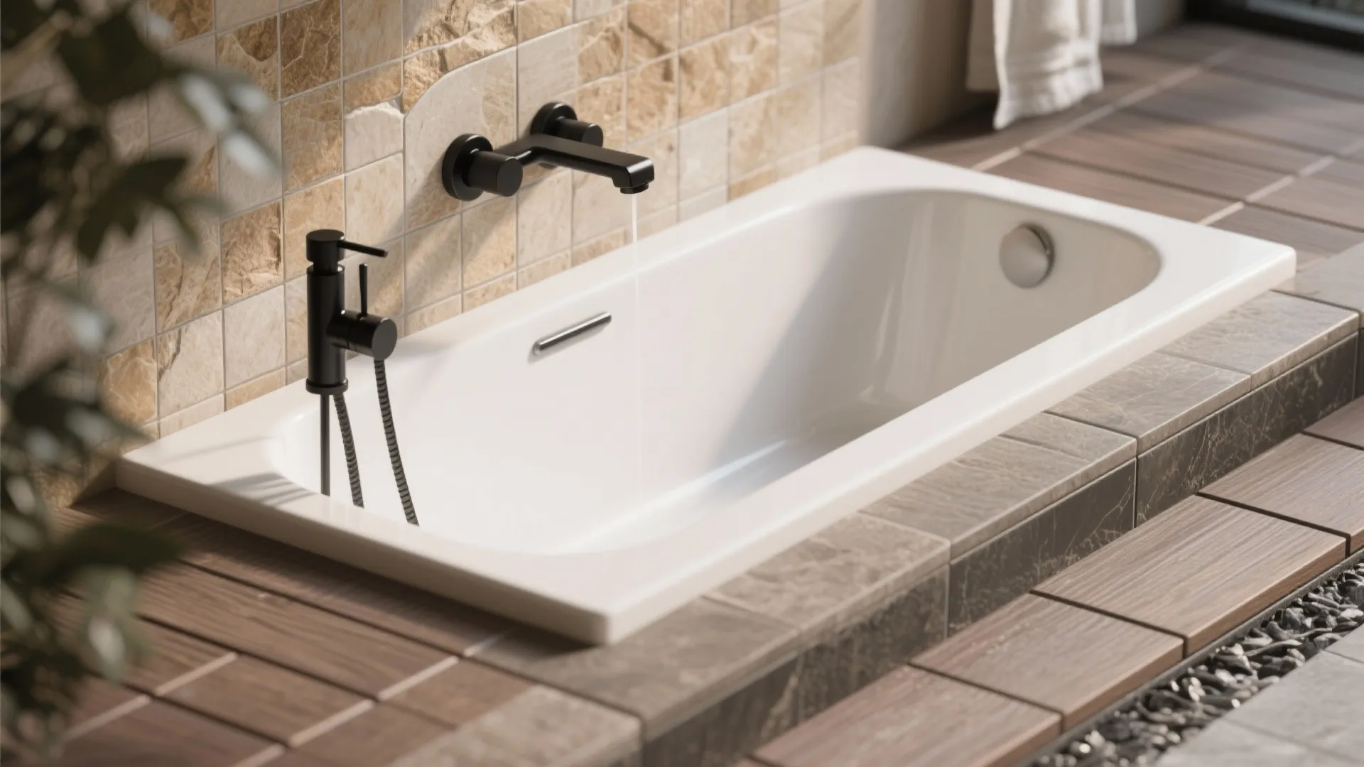 Modular drop-in deep tub with tiled surround and wall-mounted faucet, emphasizing finish flexibility.