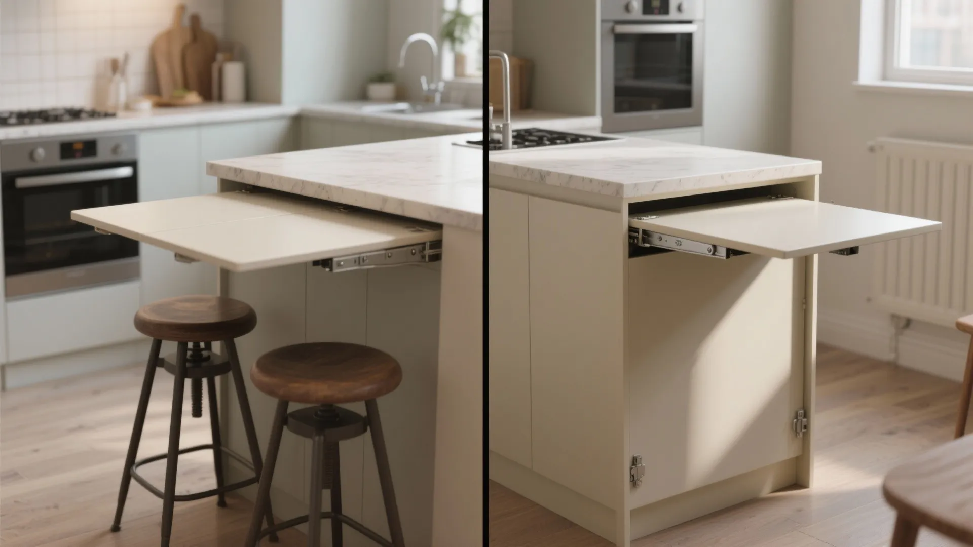 Comparison of two white kitchen islands featuring hidden pull out table extensions with wooden bar stools