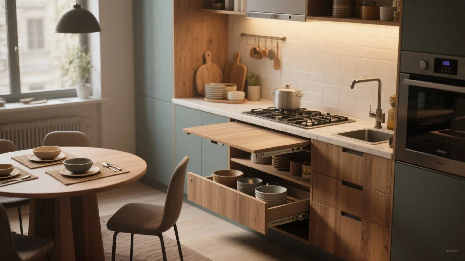 2. Multi-Functional Base Cabinets with Drop-Leaf Counter